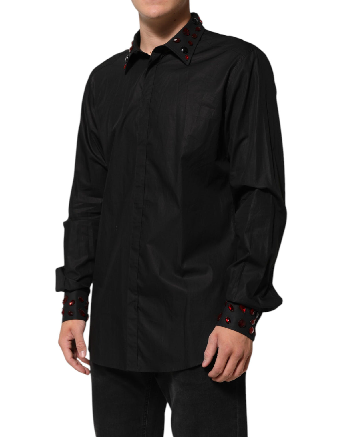 Dolce & Gabbana Black Cotton Embellished Collar Men’s Men's Shirt