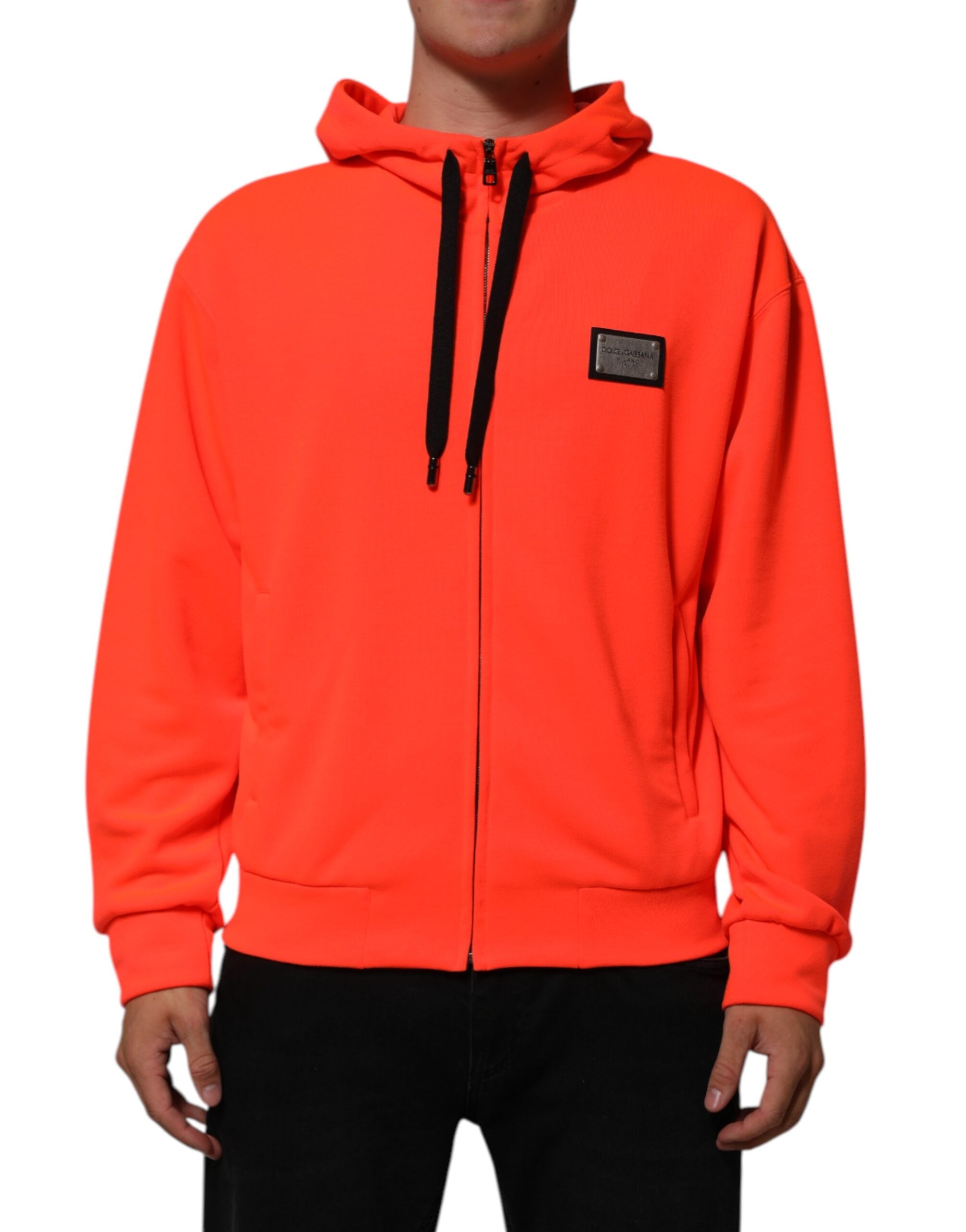 Dolce & Gabbana Red Fluorescent Polyester Logo Patch Hoodie Men's Sweater