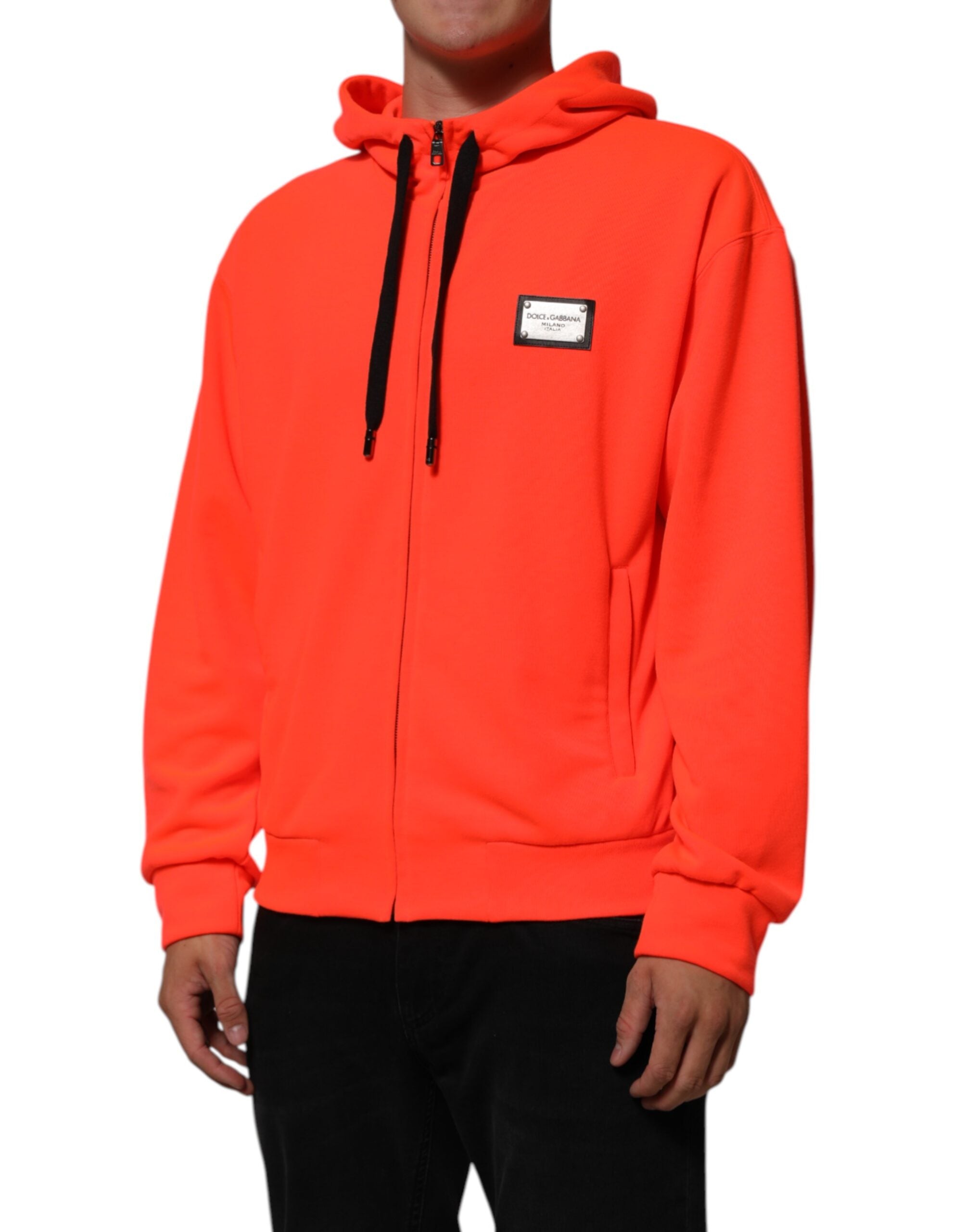 Dolce & Gabbana Red Fluorescent Polyester Logo Patch Hoodie Men's Sweater