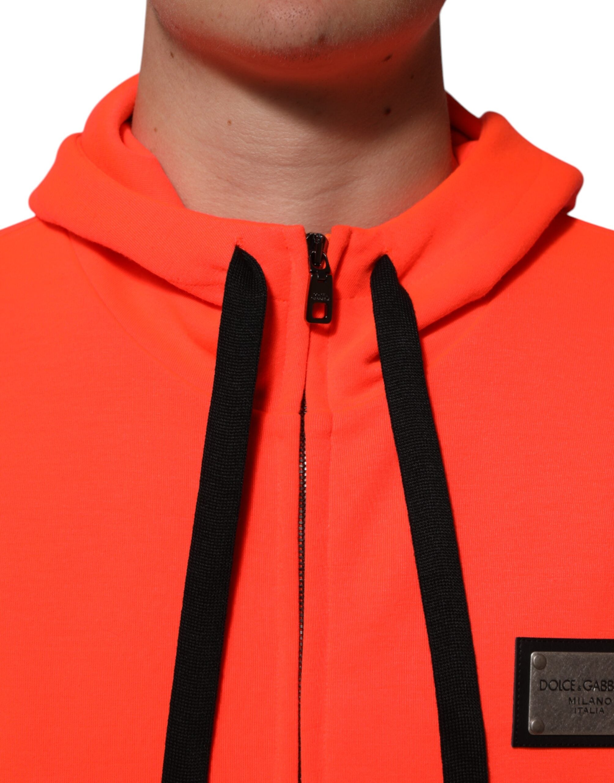 Dolce & Gabbana Red Fluorescent Polyester Logo Patch Hoodie Men's Sweater