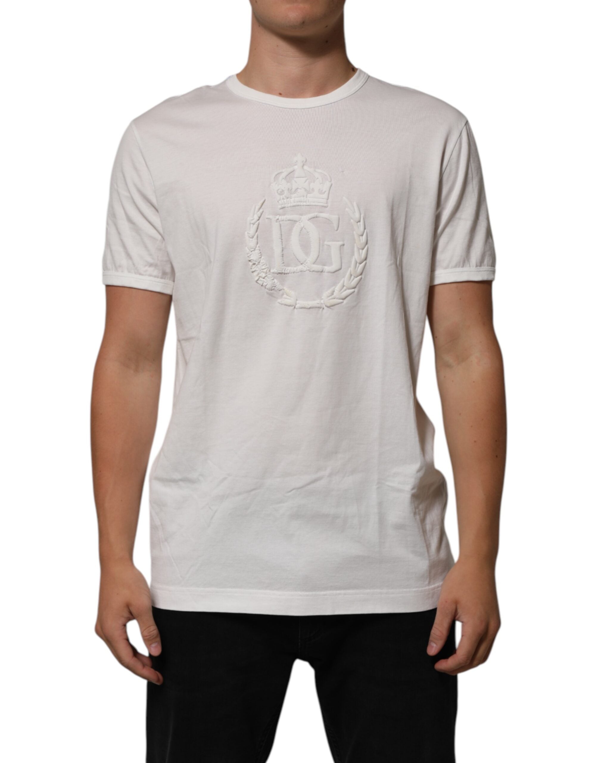 Dolce & Gabbana White Cotton DG Crown Embossed Men Men's T-shirt (Pre-Owned)