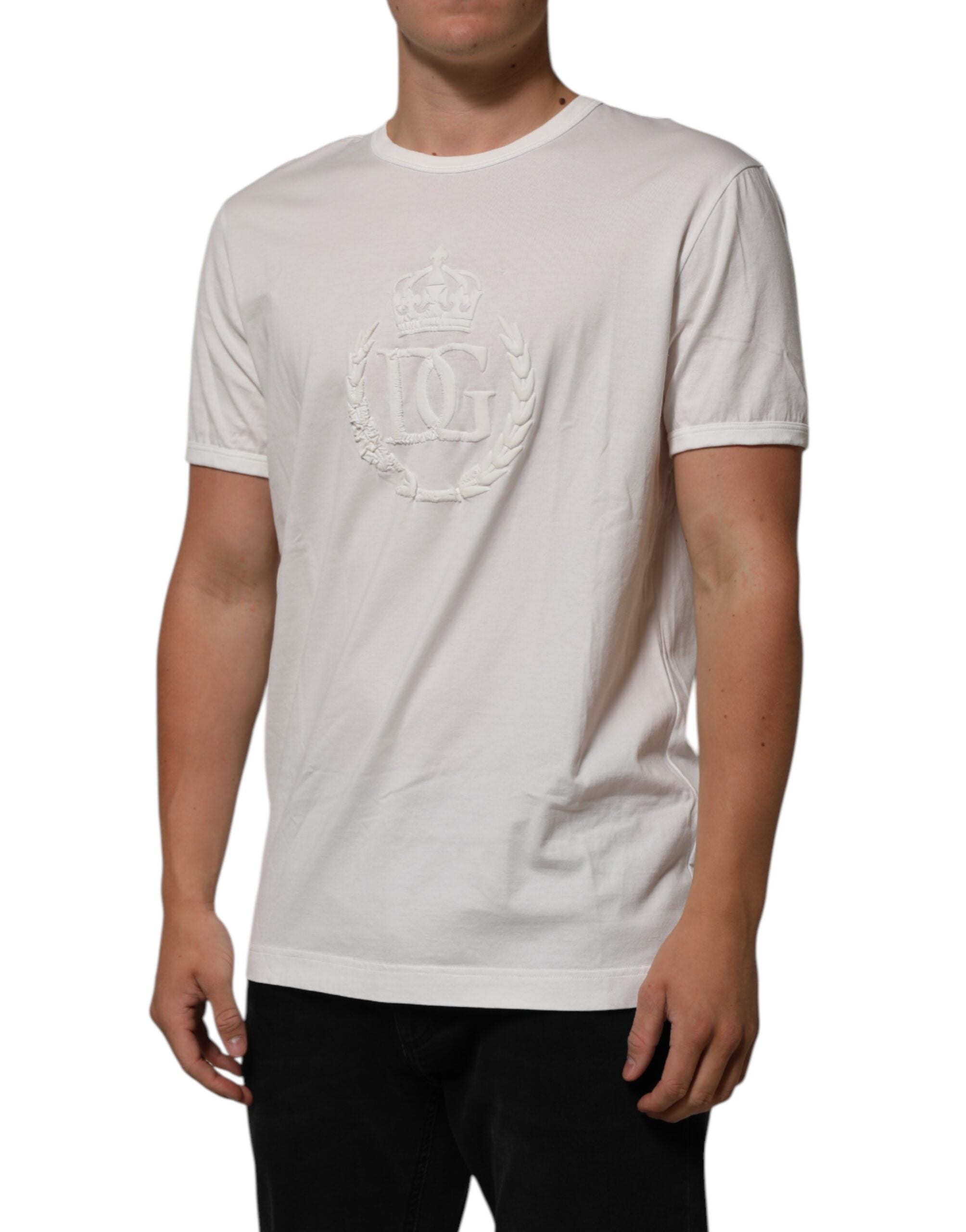Dolce & Gabbana White Cotton DG Crown Embossed Men Men's T-shirt (Pre-Owned)