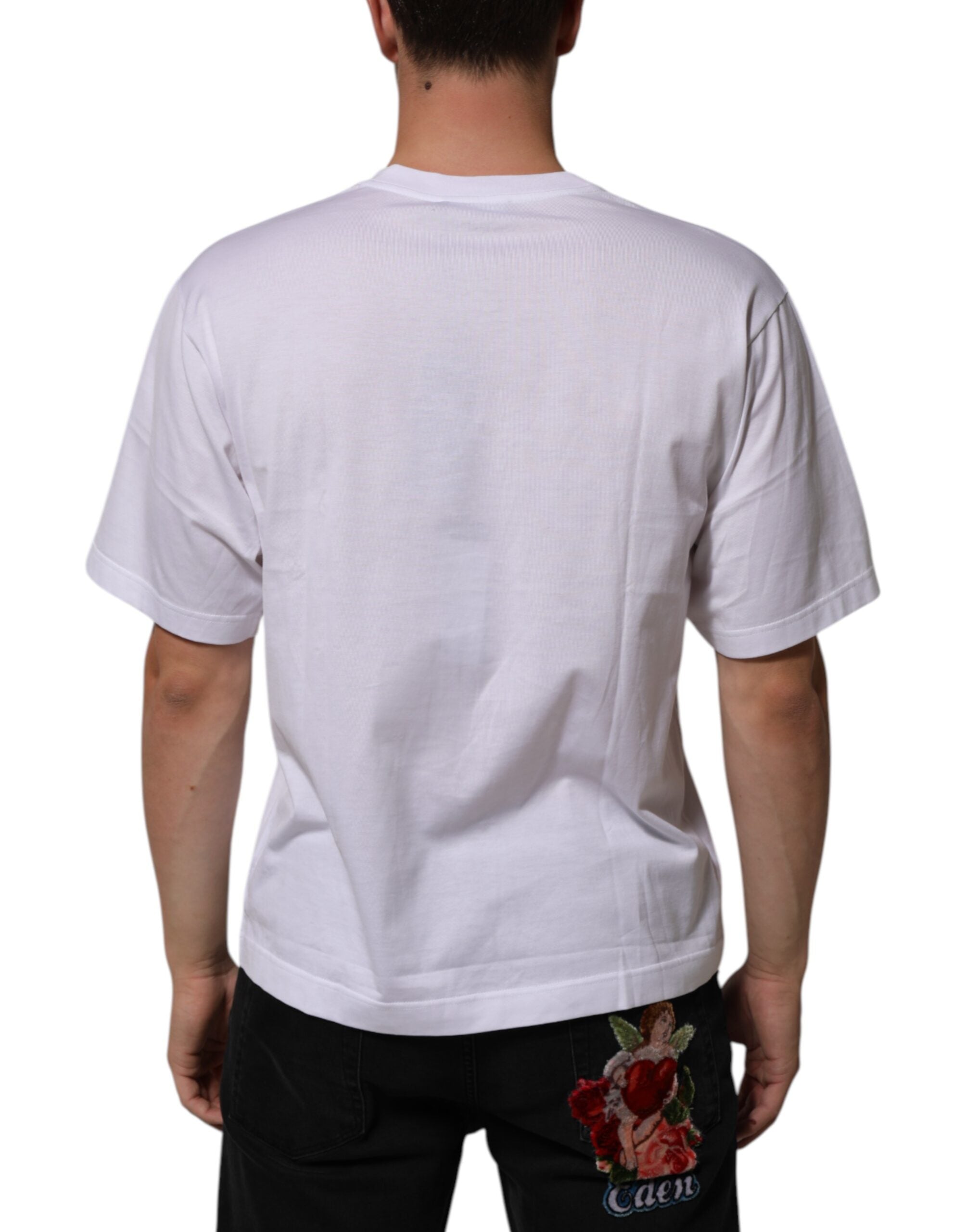 Dolce & Gabbana White Cotton Logo Patch Crew Neck Men Men's T-shirt (Pre-Owned)