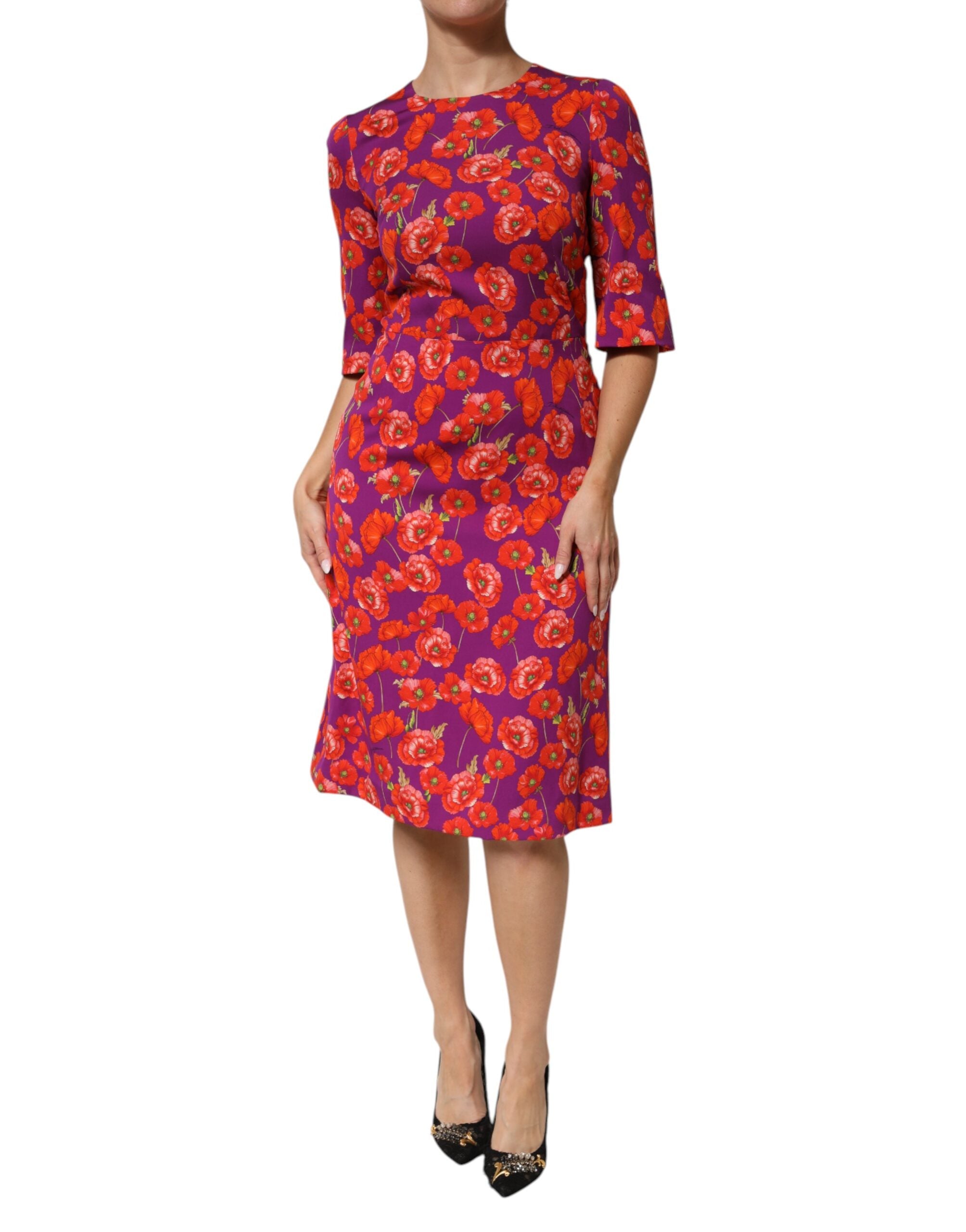 Dolce & Gabbana Purple Silk Floral Print Midi Sheath Women's Dress (Pre-Owned)