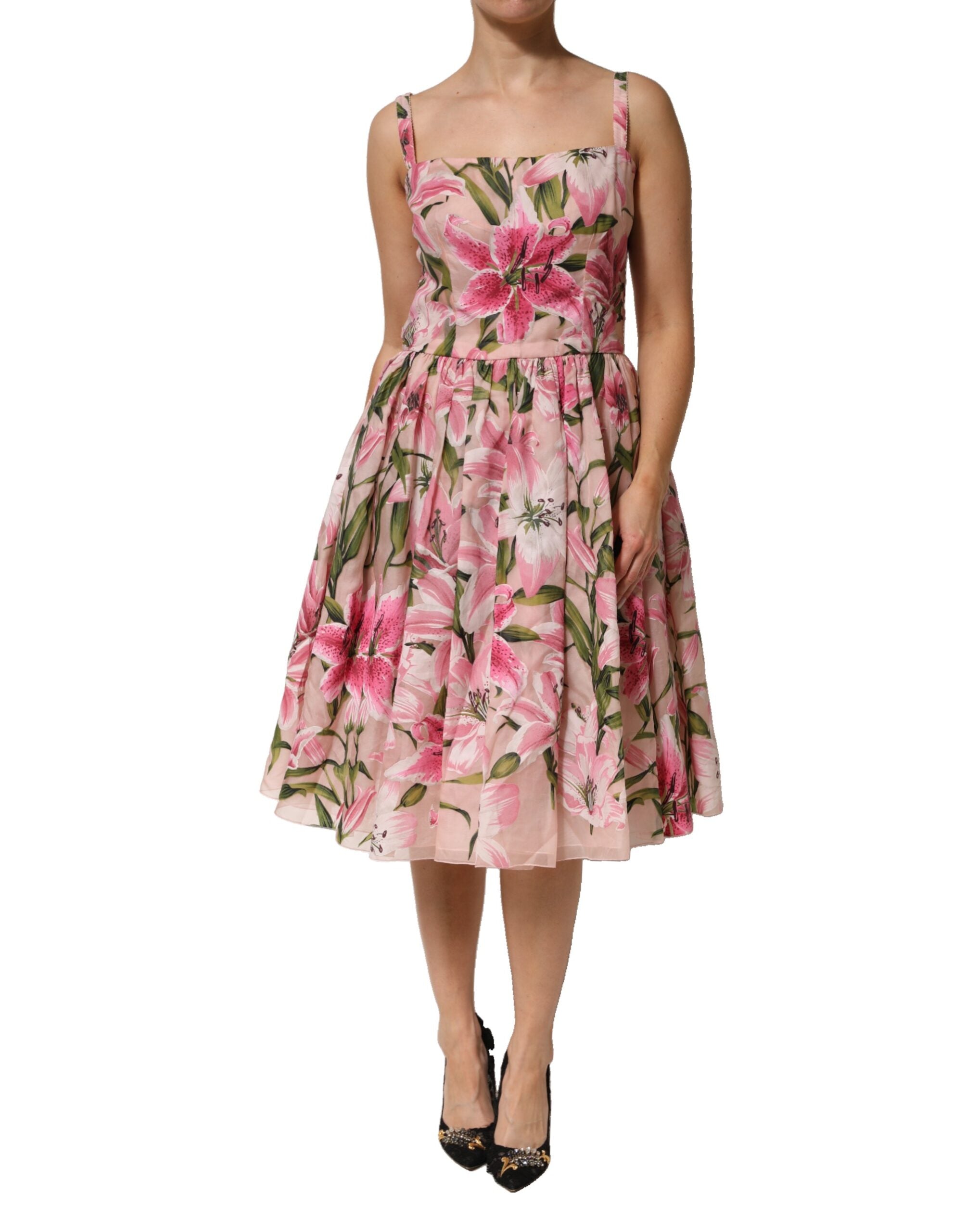 Dolce & Gabbana Pink Floral Lily Print Midi Sleeveless Women's Dress (Pre-Owned)