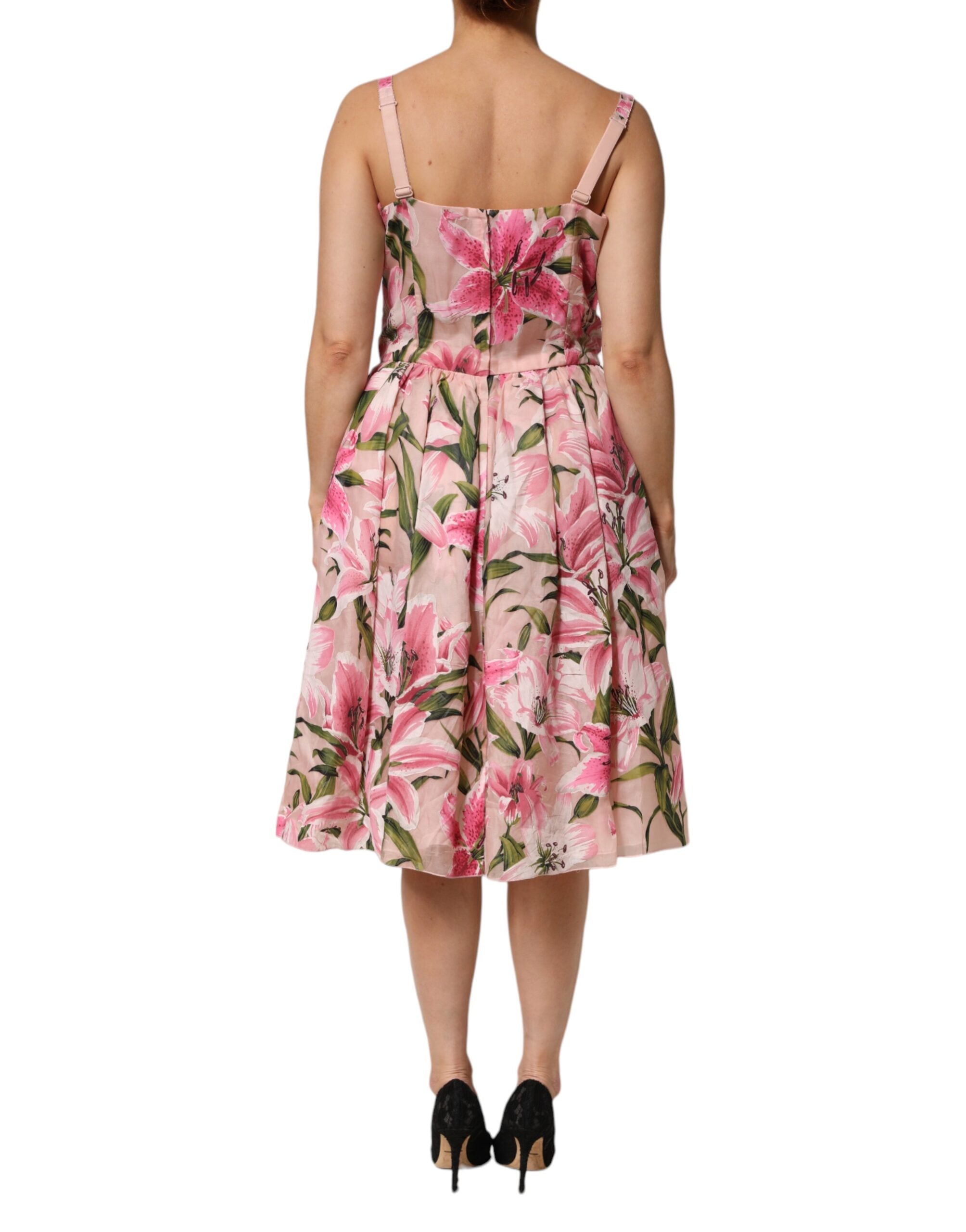 Dolce & Gabbana Pink Floral Lily Print Midi Sleeveless Women's Dress (Pre-Owned)
