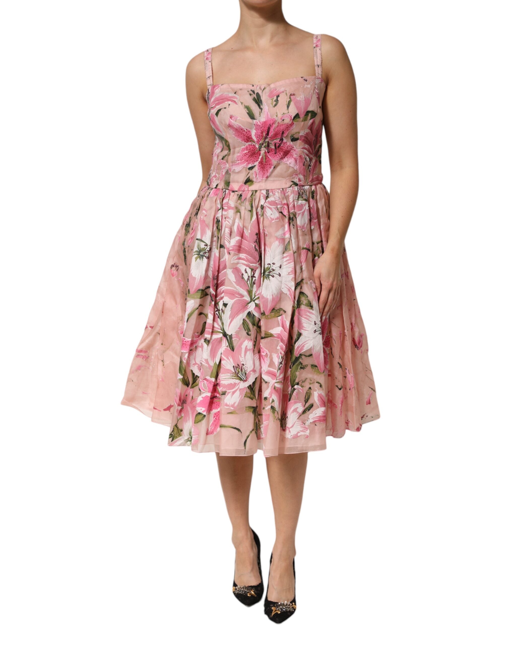 Dolce & Gabbana Pink Cotton Floral Pleated Sleeveless Women's Dress (Pre-Owned)