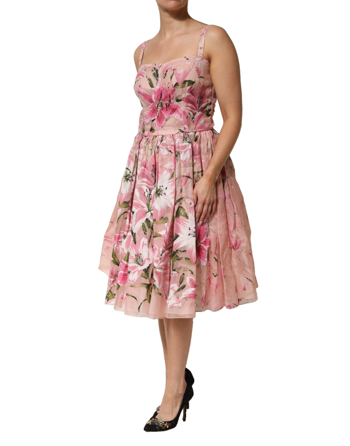 Dolce & Gabbana Pink Cotton Floral Pleated Sleeveless Women's Dress (Pre-Owned)
