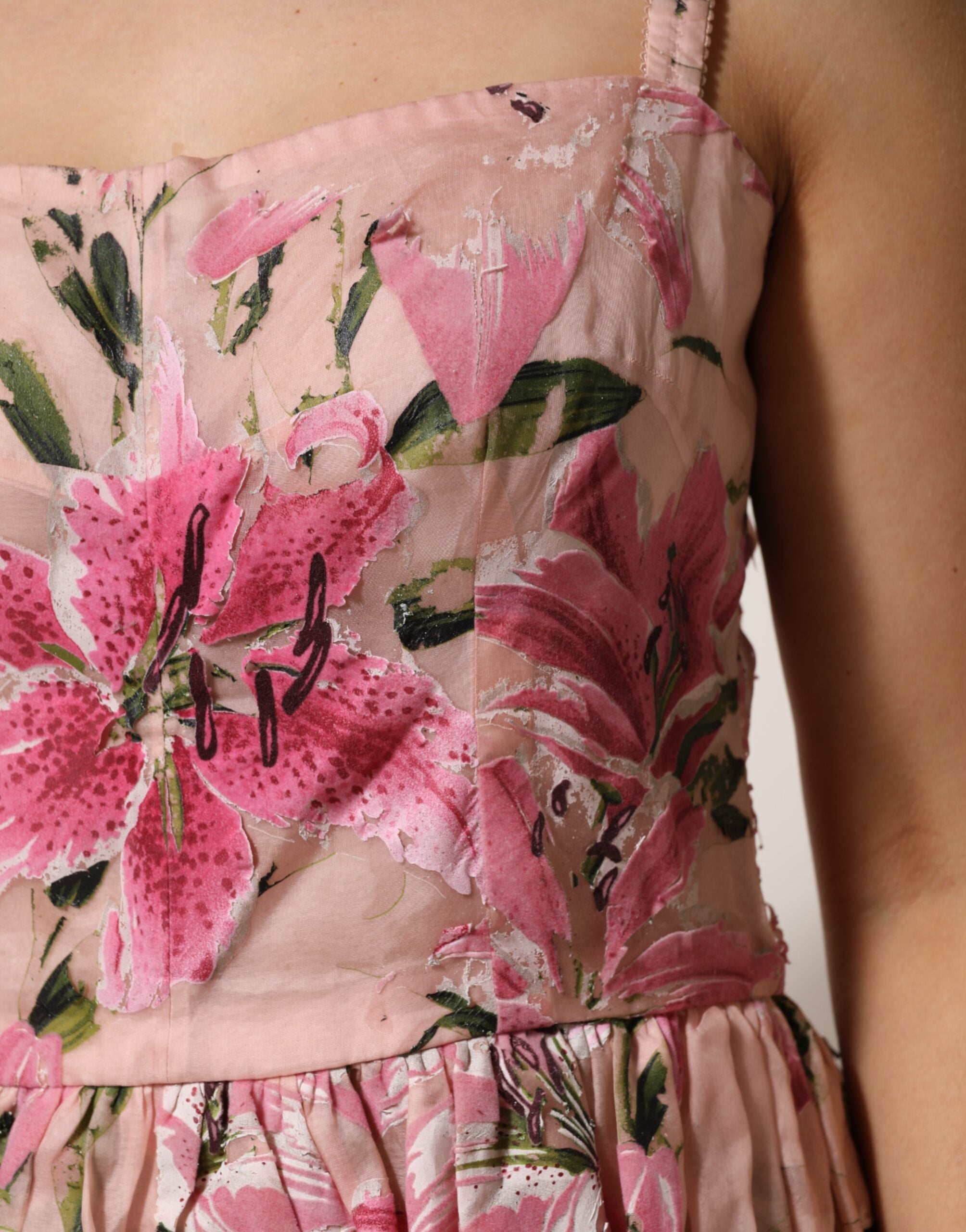 Dolce & Gabbana Pink Cotton Floral Pleated Sleeveless Women's Dress (Pre-Owned)