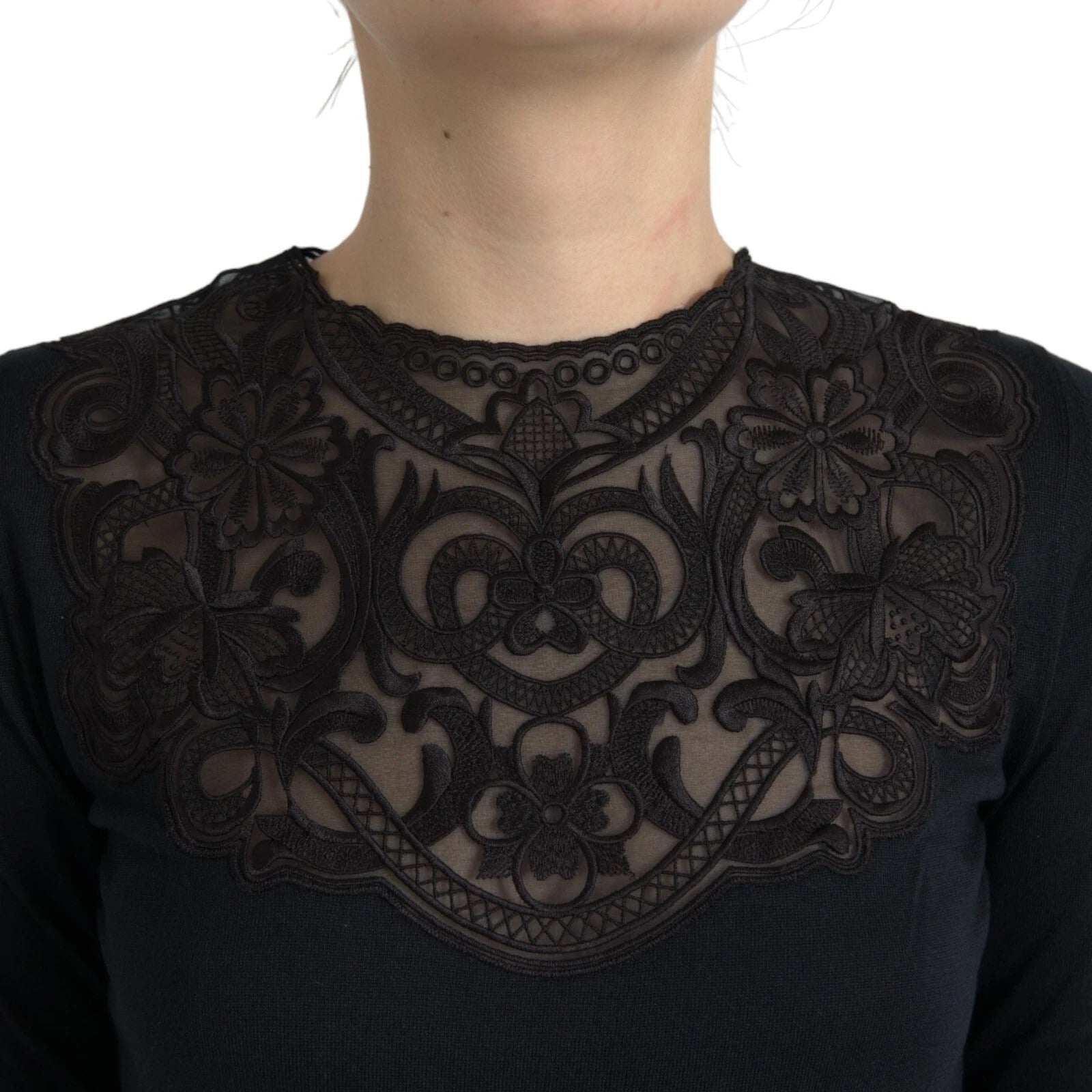 Dolce & Gabbana Black Silk Lace Trim Long Sleeves Blouse Women's Top