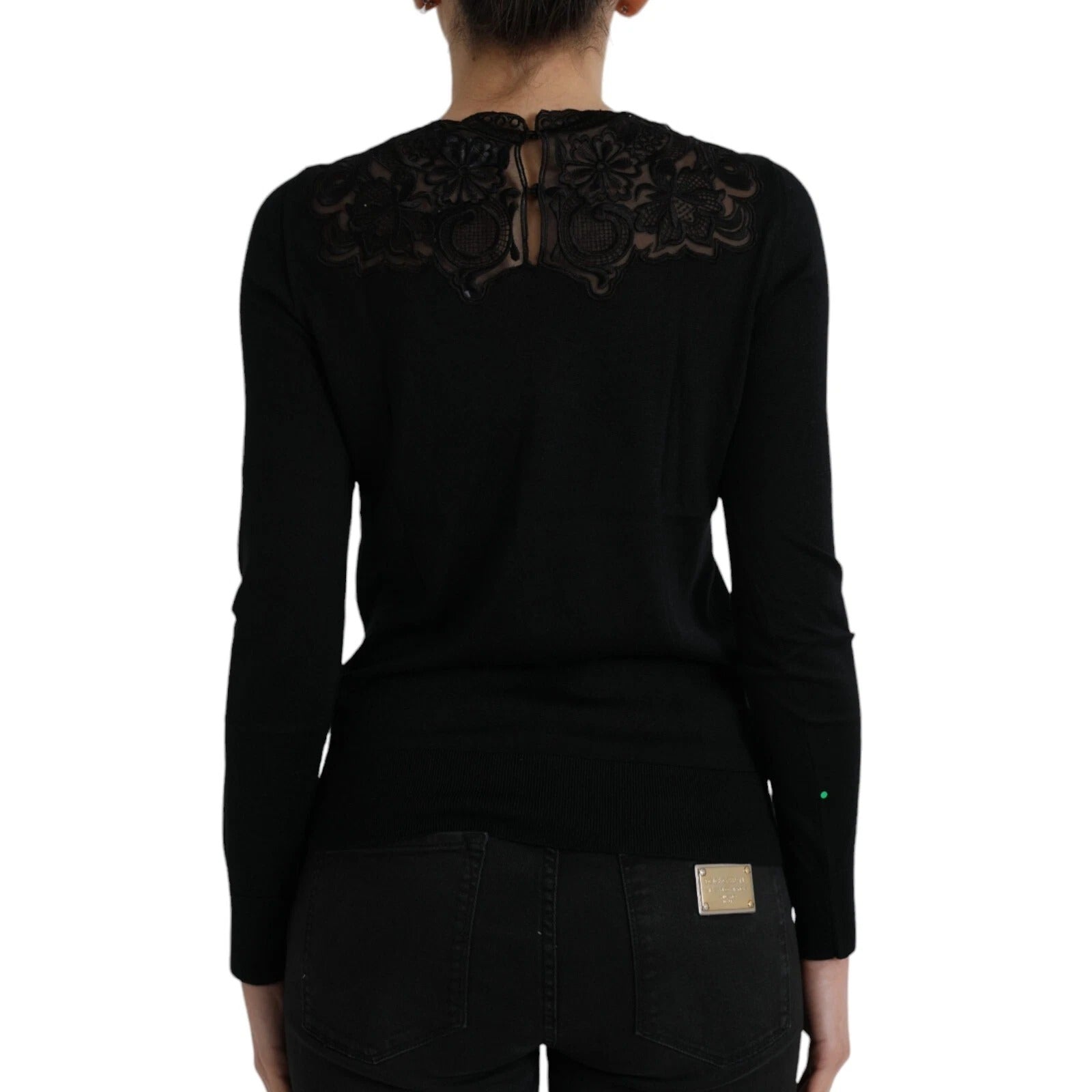 Dolce & Gabbana Black Silk Lace Trim Long Sleeves Blouse Women's Top