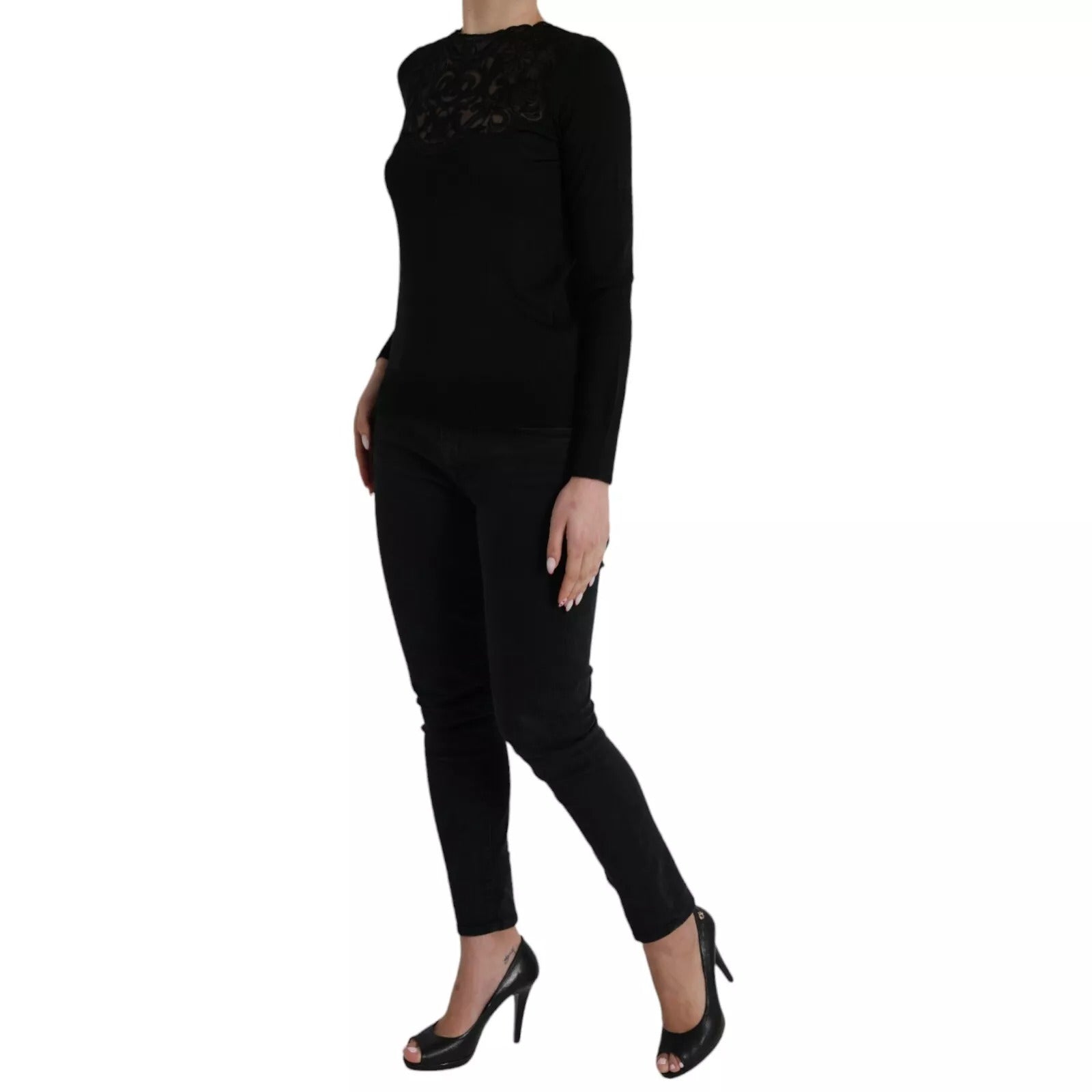 Dolce & Gabbana Black Silk Lace Trim Long Sleeves Blouse Women's Top