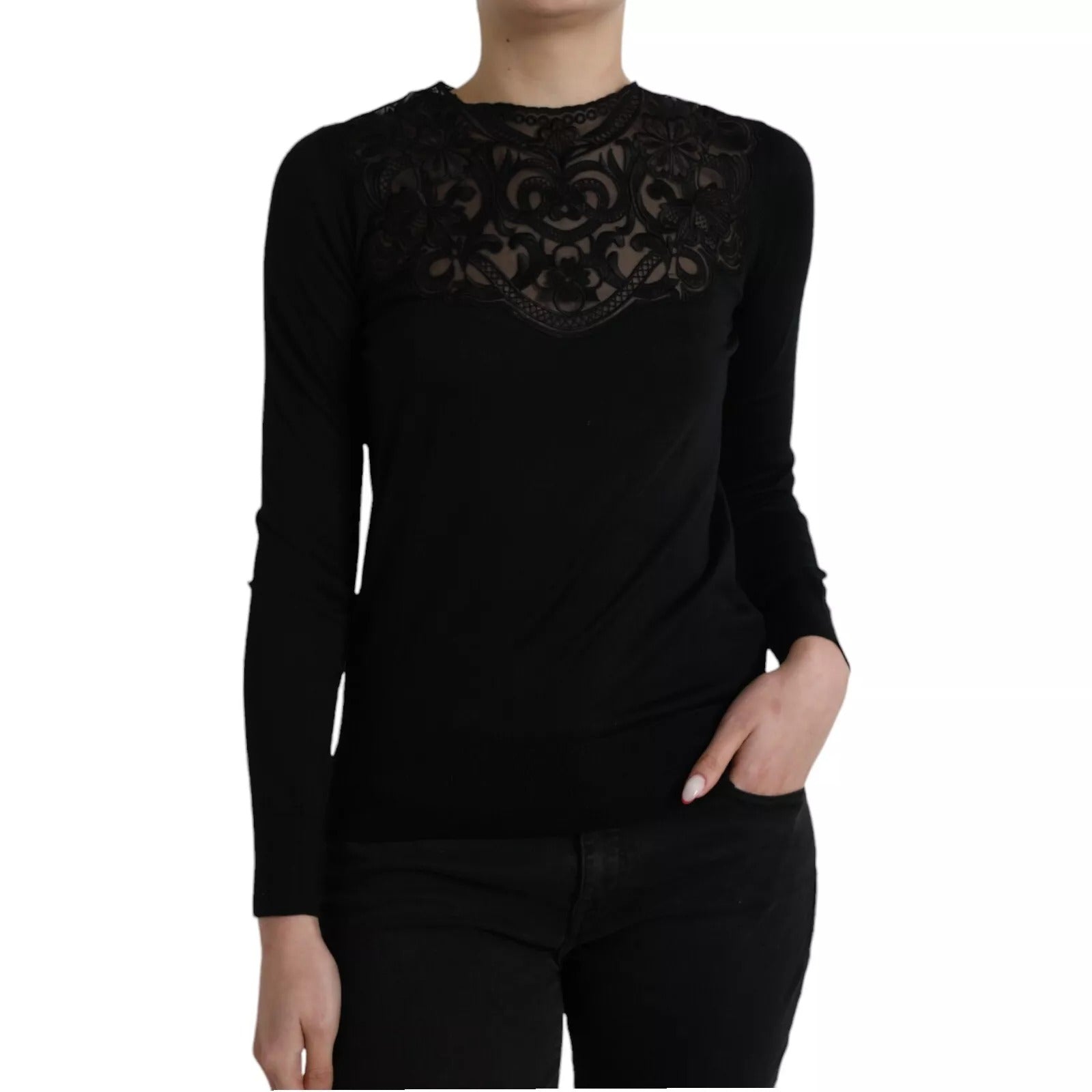 Dolce & Gabbana Black Silk Lace Trim Long Sleeves Blouse Women's Top