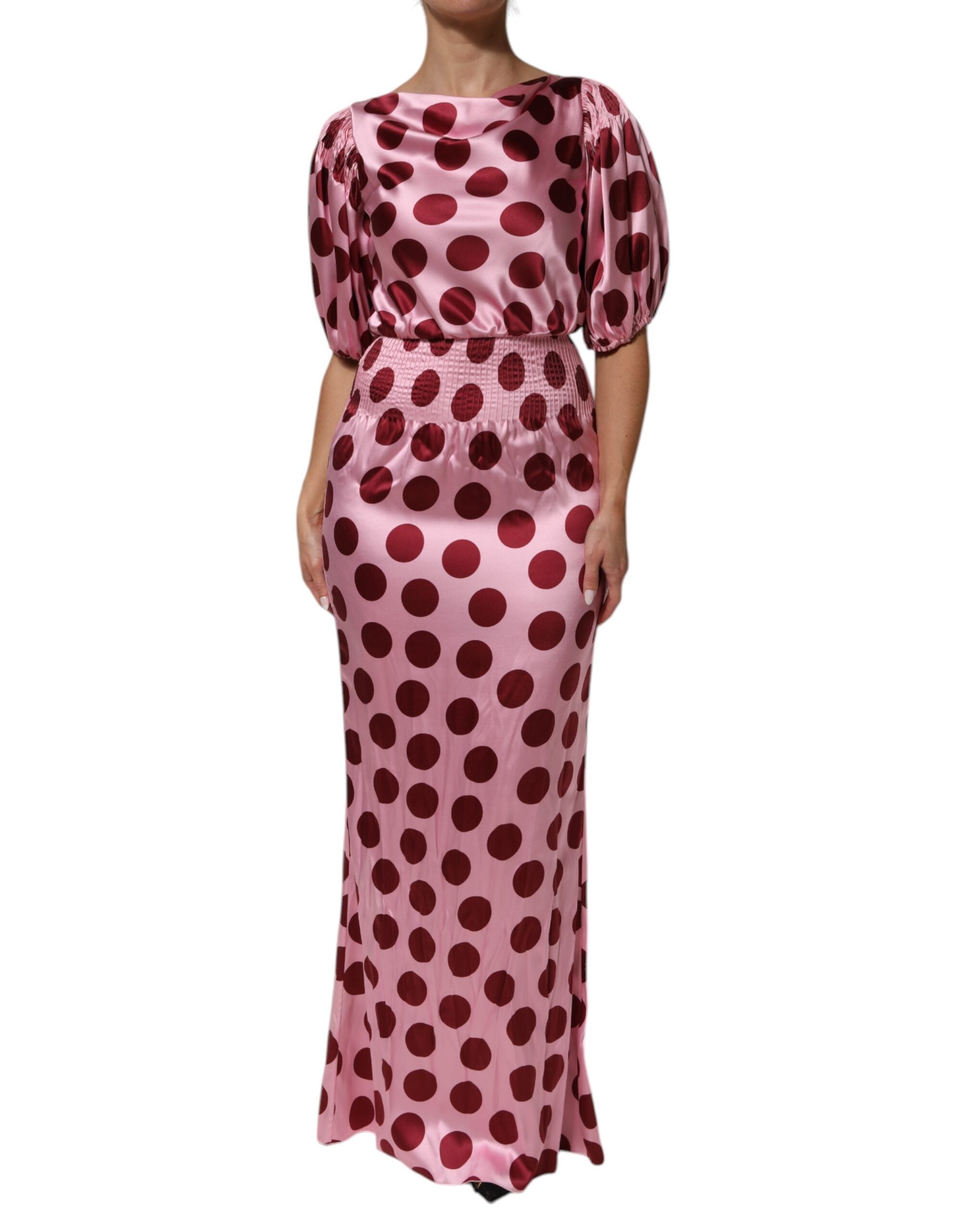 Dolce & Gabbana Pink Red Polka Dot Silk Satin Maxi Gown Women's Dress