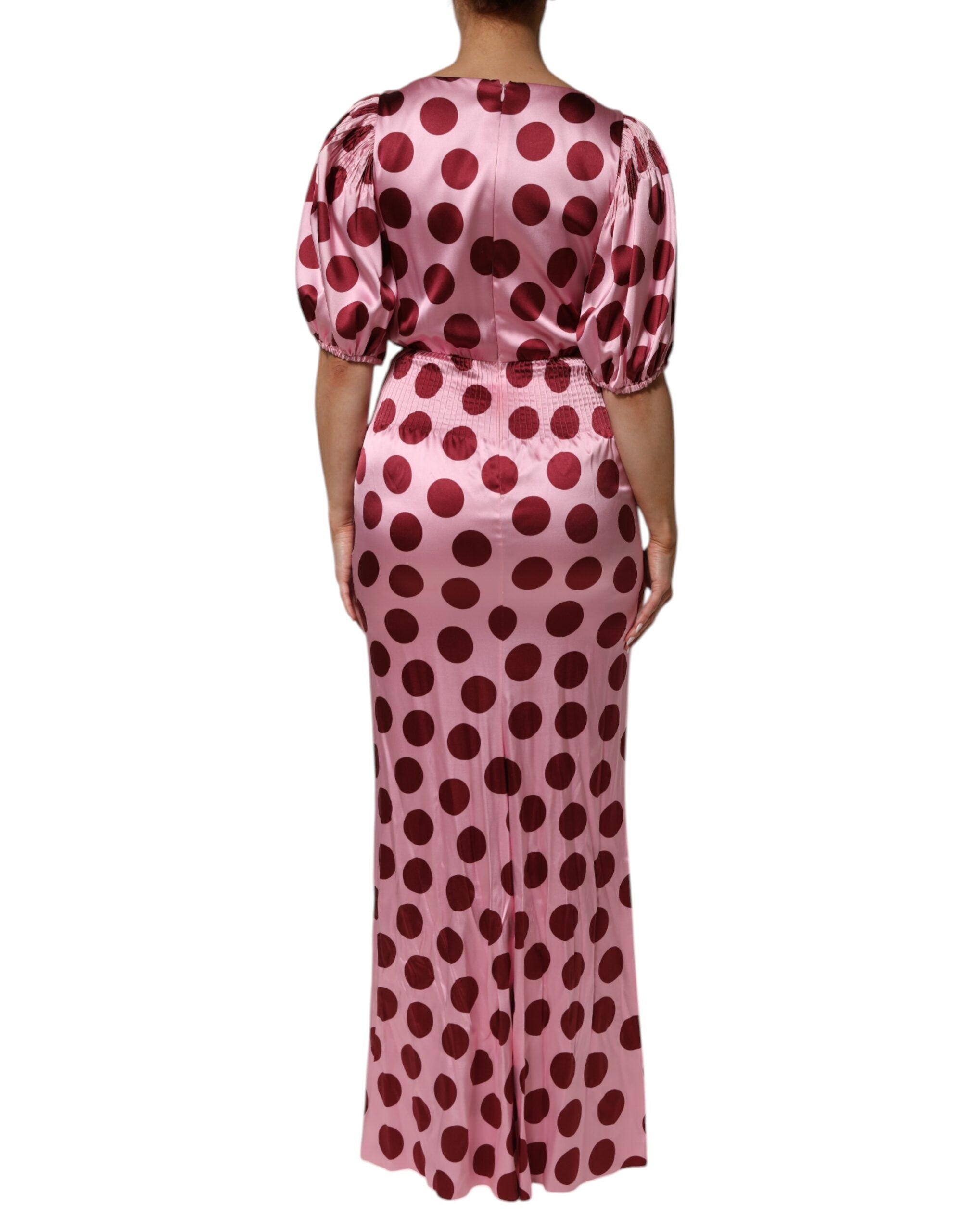 Dolce & Gabbana Pink Red Polka Dot Silk Satin Maxi Gown Women's Dress