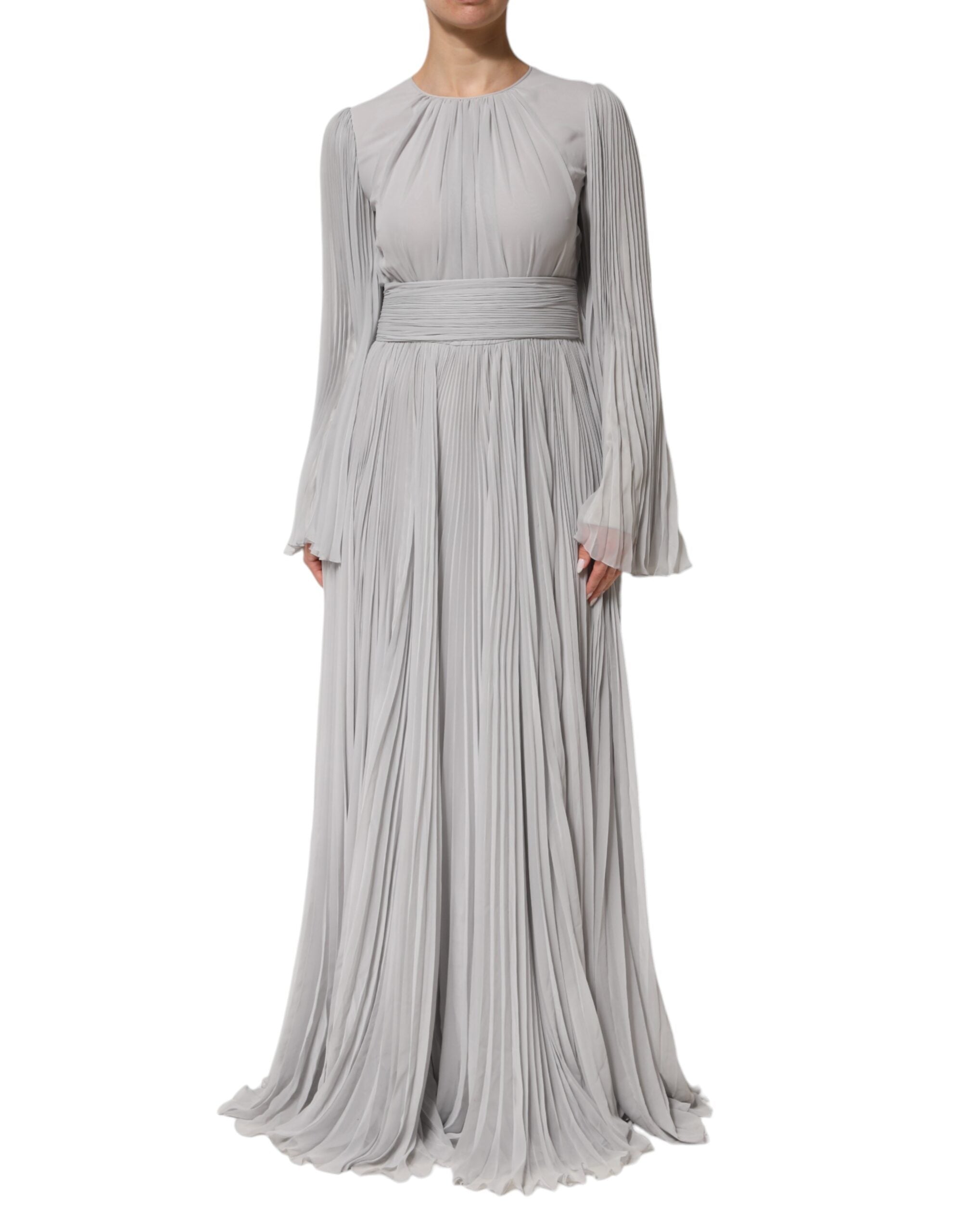 Dolce & Gabbana Grey Pleated Maxi Long Sleeve Silk Blend Gown Women's Dress (Pre-Owned)