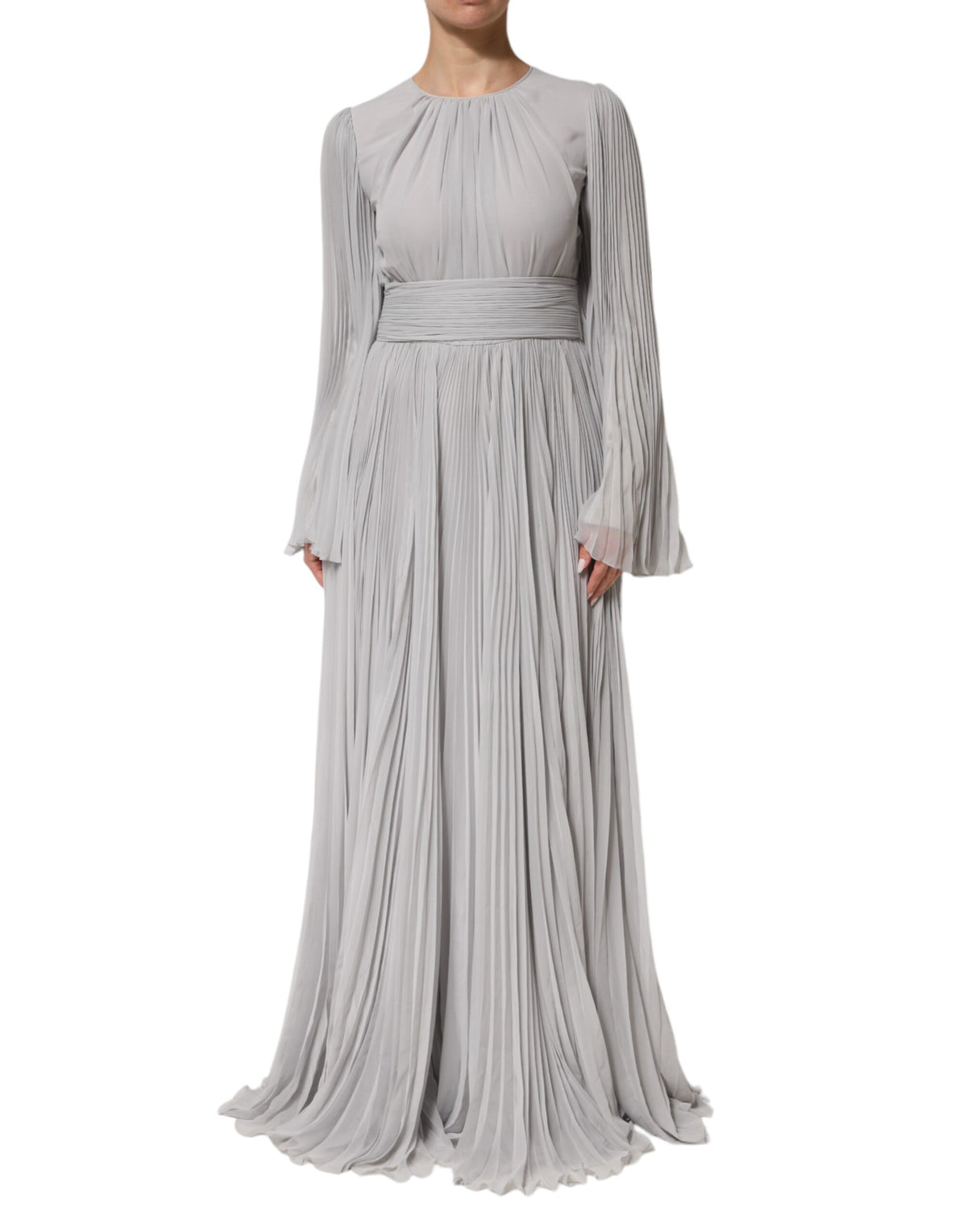 Dolce & Gabbana Grey Pleated Maxi Long Sleeve Silk Blend Gown Women's Dress (Pre-Owned)