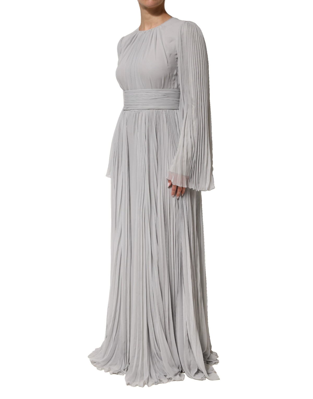 Dolce & Gabbana Grey Pleated Maxi Long Sleeve Silk Blend Gown Women's Dress (Pre-Owned)