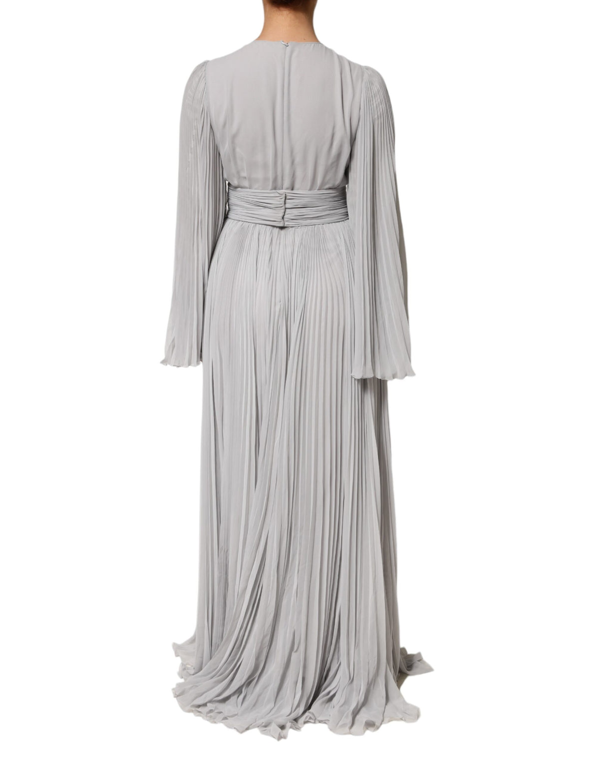 Dolce & Gabbana Grey Pleated Maxi Long Sleeve Silk Blend Gown Women's Dress (Pre-Owned)