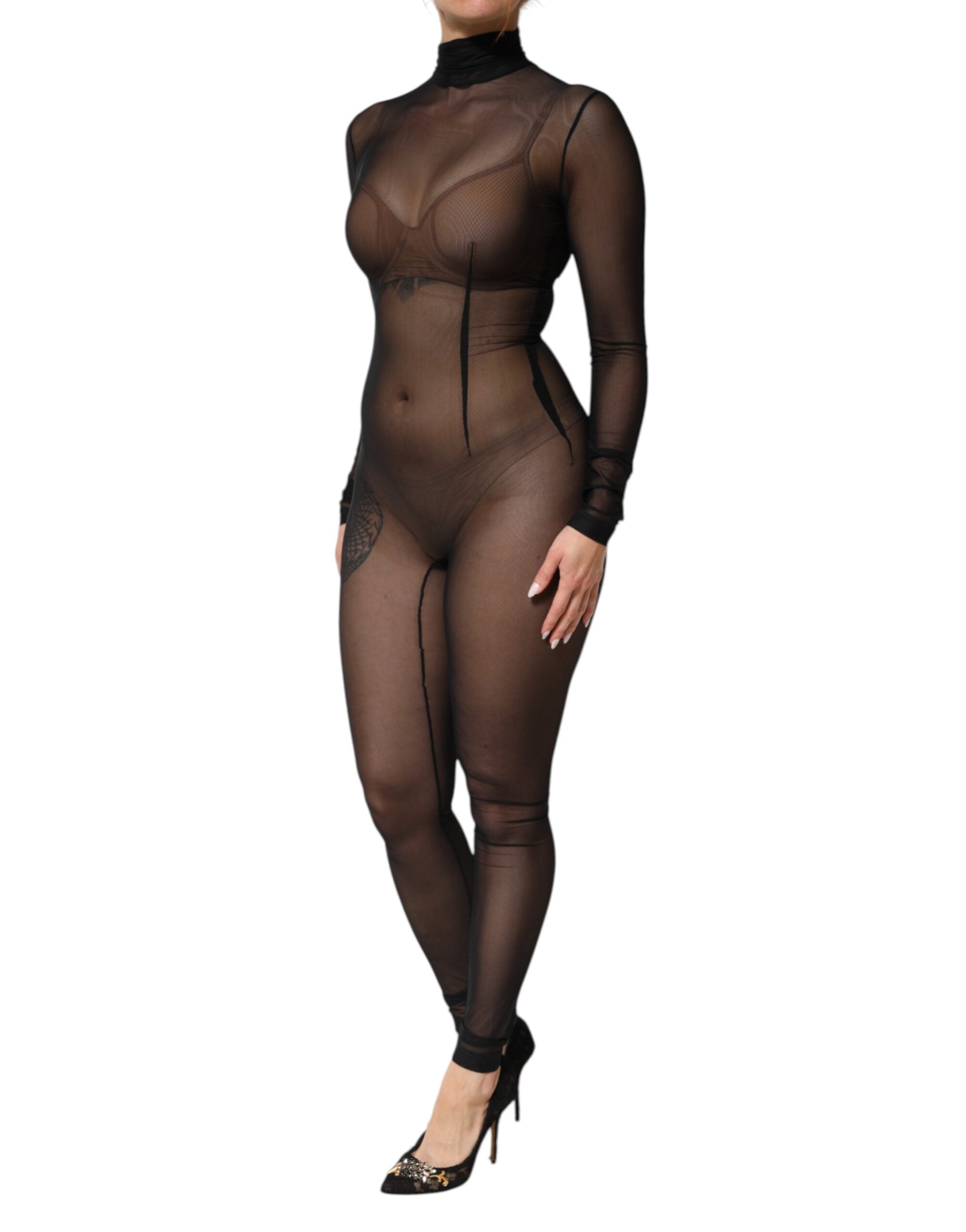 Dolce & Gabbana Black Sheer Mesh Long Sleeve Jumpsuit Bodysuit Women's Dress (Pre-Owned)