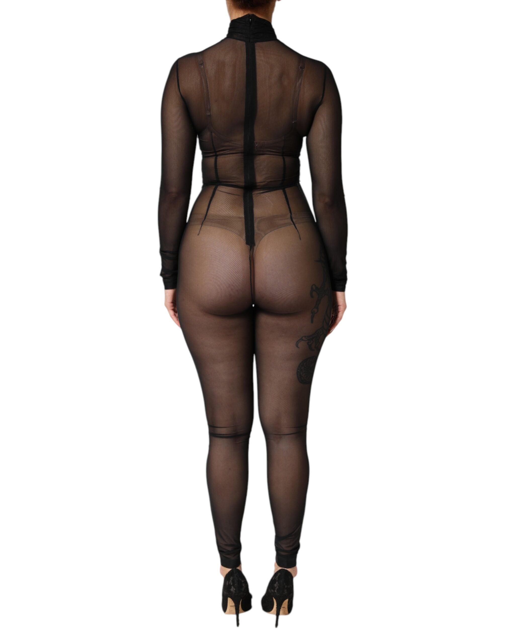 Dolce & Gabbana Black Sheer Mesh Long Sleeve Jumpsuit Bodysuit Women's Dress (Pre-Owned)