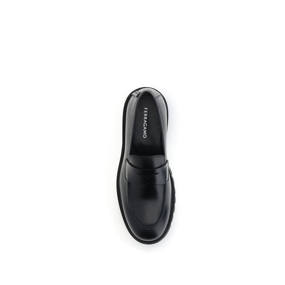Ferragamo Black Calf Leather Bos Taurus Slip-On Men's Loafers