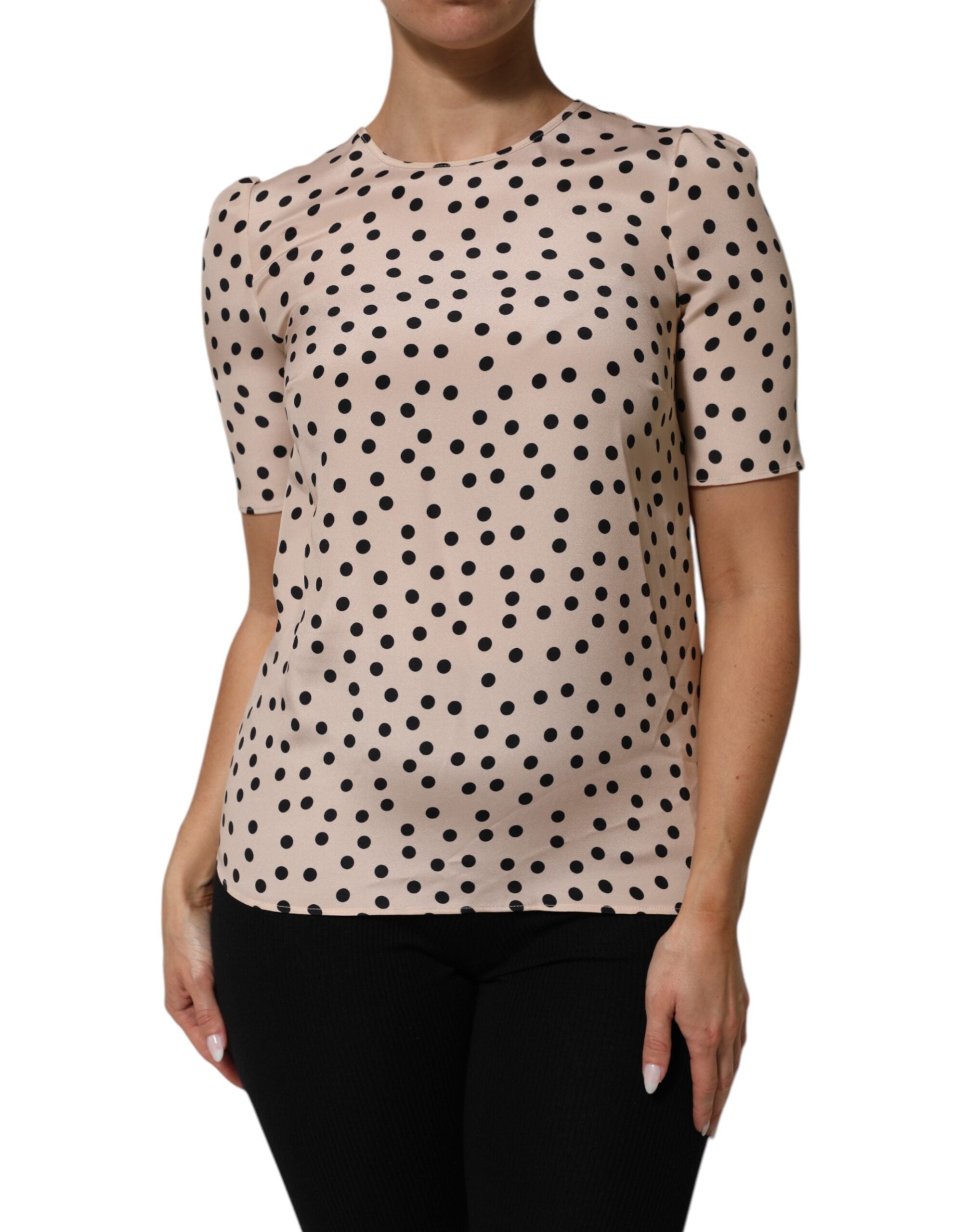 Dolce & Gabbana Beige Black Polka Dot Silk Short Sleeve Blouse Women's Top