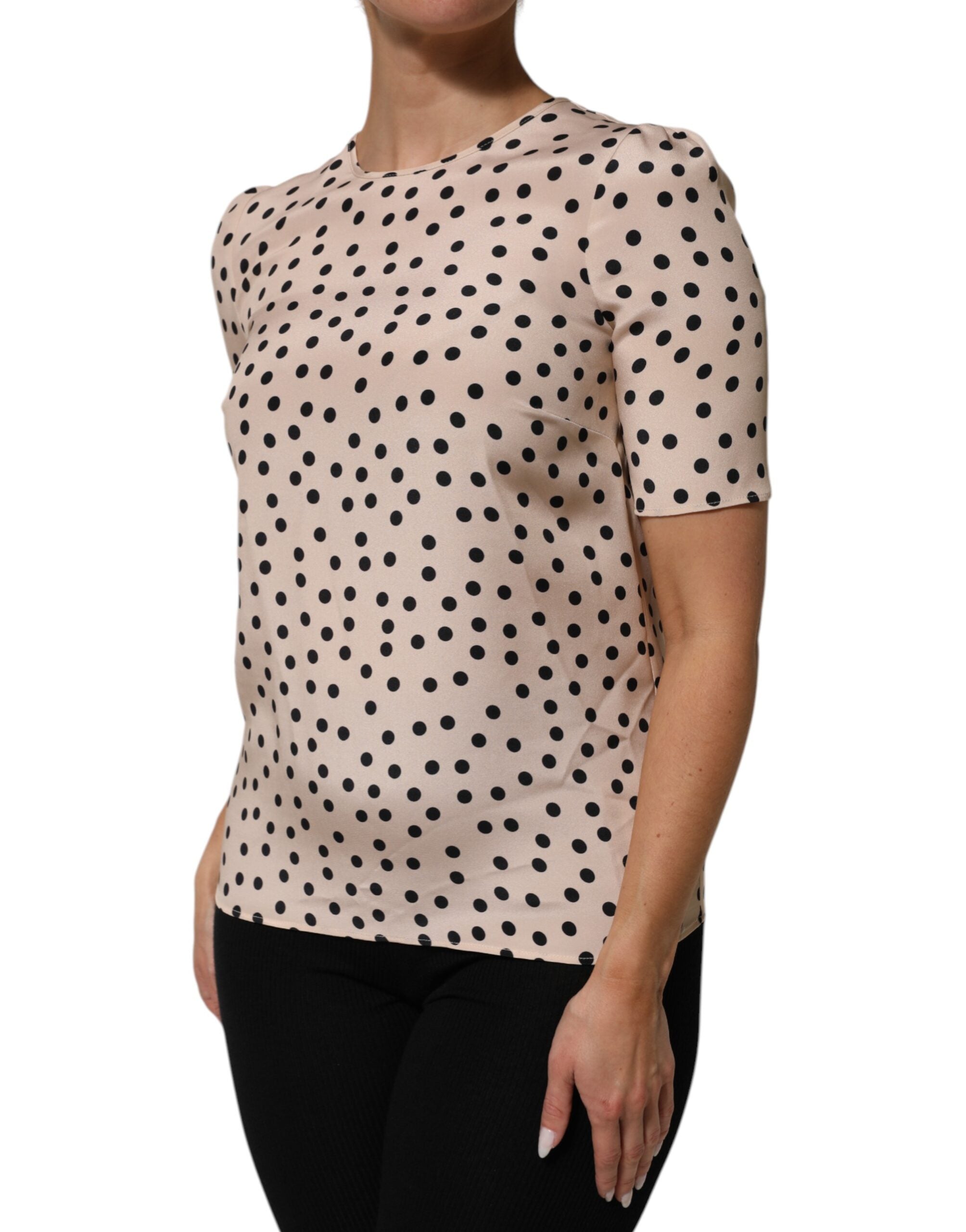 Dolce & Gabbana Beige Black Polka Dot Silk Short Sleeve Blouse Women's Top