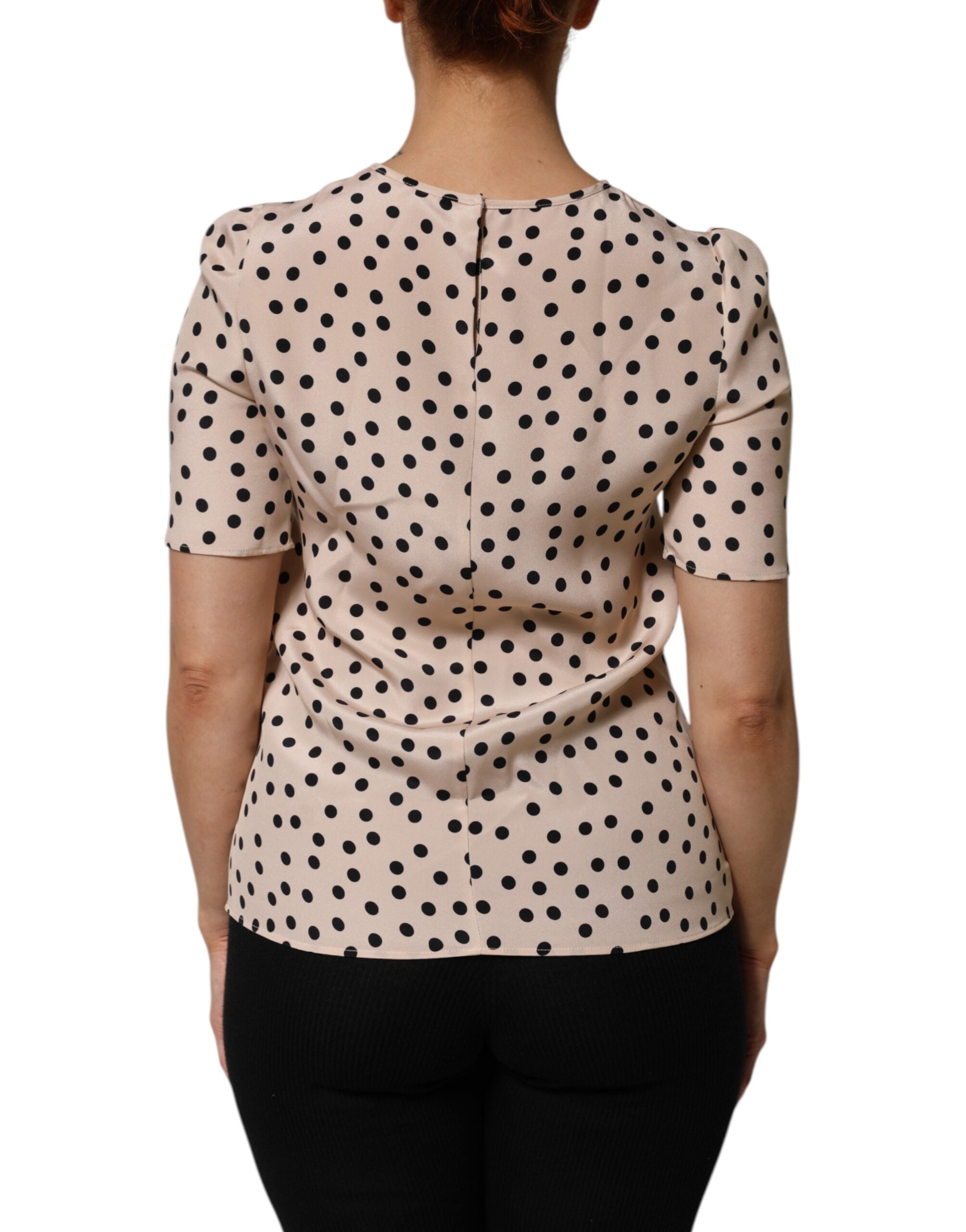 Dolce & Gabbana Beige Black Polka Dot Silk Short Sleeve Blouse Women's Top