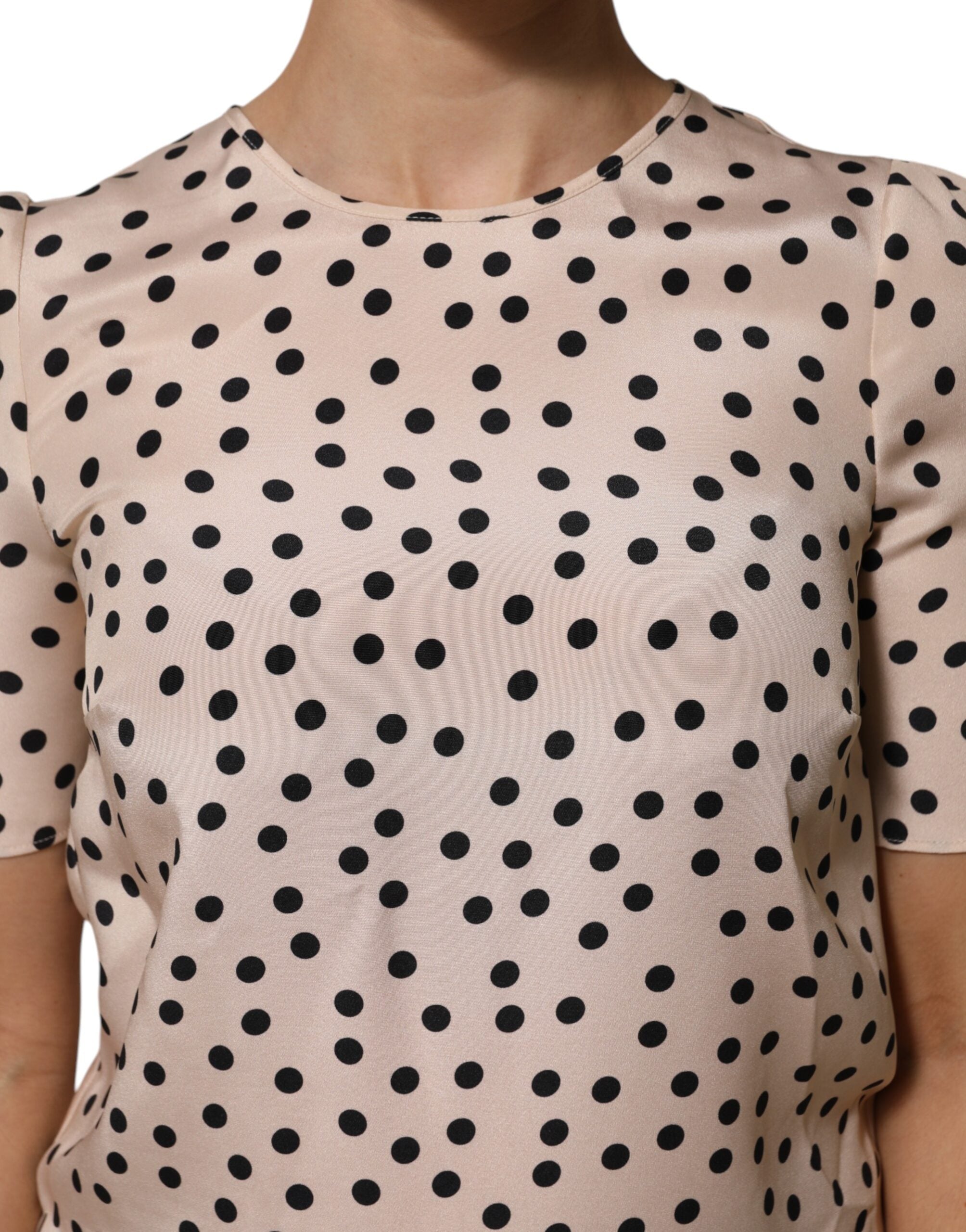 Dolce & Gabbana Beige Black Polka Dot Silk Short Sleeve Blouse Women's Top