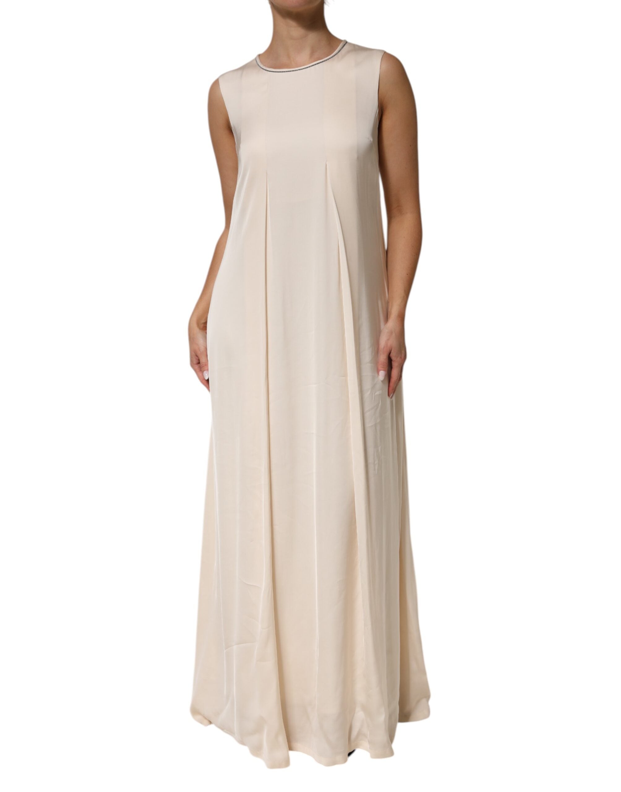 Peserico Beige Viscose Pleated Sleeveless Long Maxi Women's Dress (Pre-Owned)
