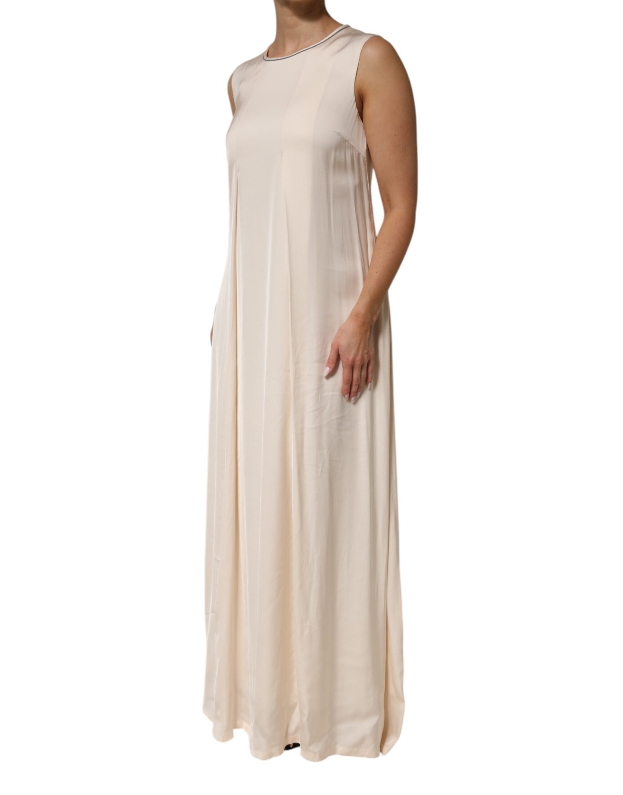 Peserico Beige Viscose Pleated Sleeveless Long Maxi Women's Dress (Pre-Owned)