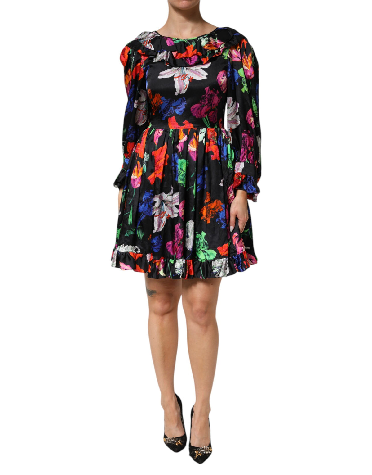 MSGM Women's Black Multicolor Floral Ruffle Long Sleeve Mini Women's Dress