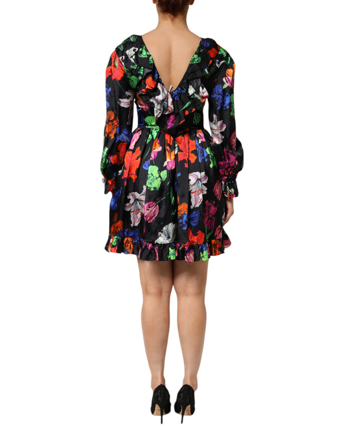 MSGM Women's Black Multicolor Floral Ruffle Long Sleeve Mini Women's Dress