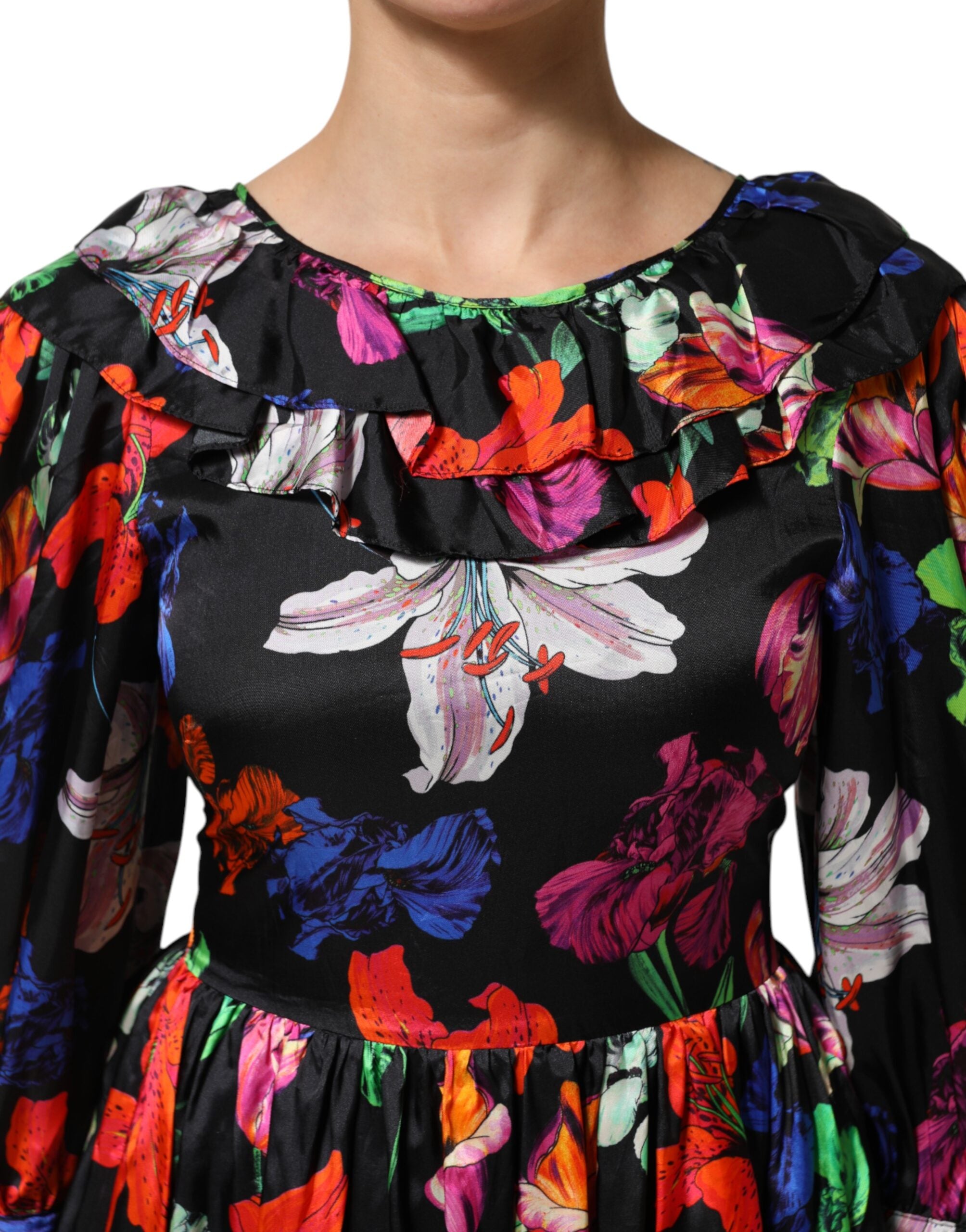 MSGM Women's Black Multicolor Floral Ruffle Long Sleeve Mini Women's Dress