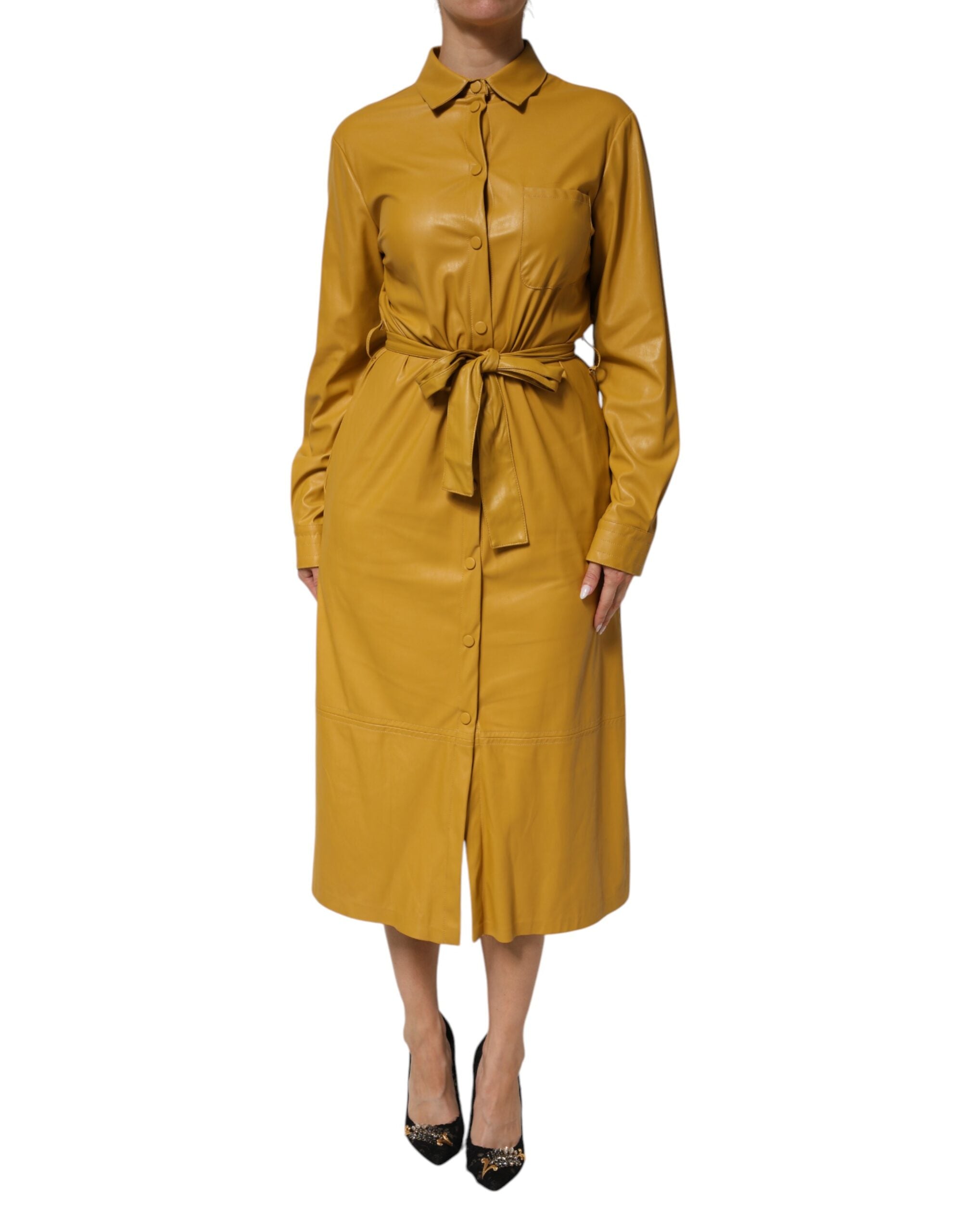 PINKO Polyester Belted Shirt Midi Long Sleeve Yellow Women's Mustard (Pre-Owned)
