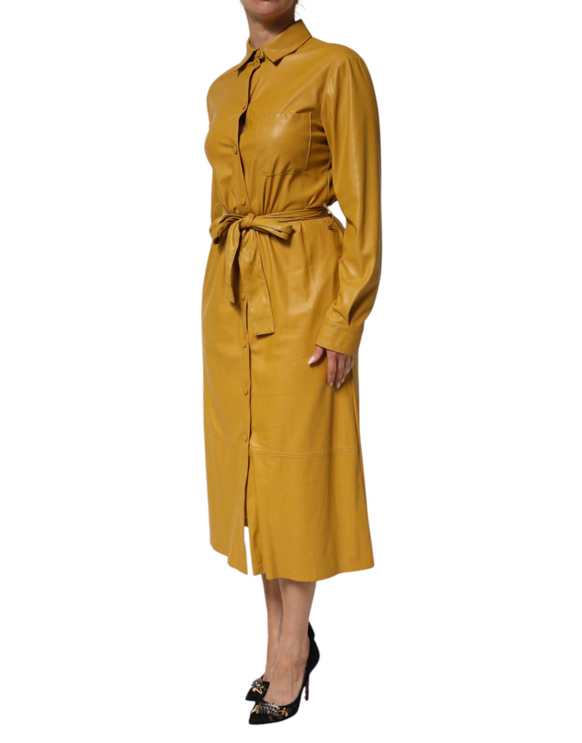 PINKO Polyester Belted Shirt Midi Long Sleeve Yellow Women's Mustard (Pre-Owned)