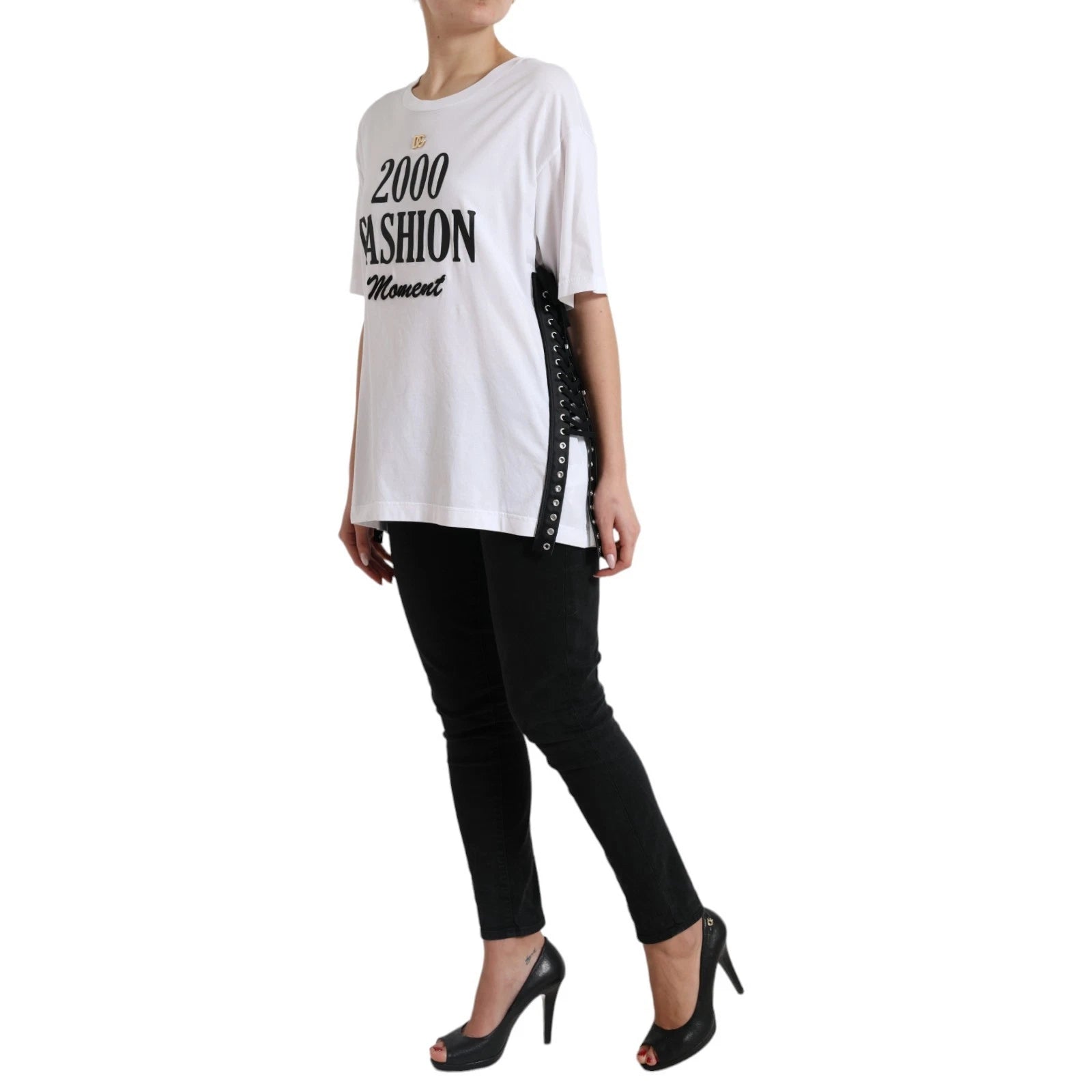 Dolce & Gabbana White Cotton 2000 Fashion Print Logo Women's T-shirt (Pre-Owned)