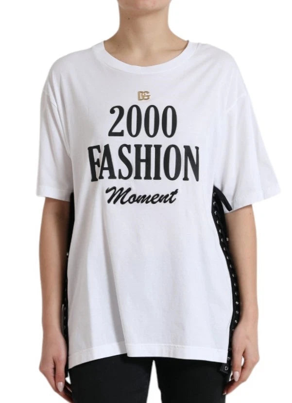 Dolce & Gabbana White Cotton 2000 Fashion Print Logo Women's T-shirt (Pre-Owned)
