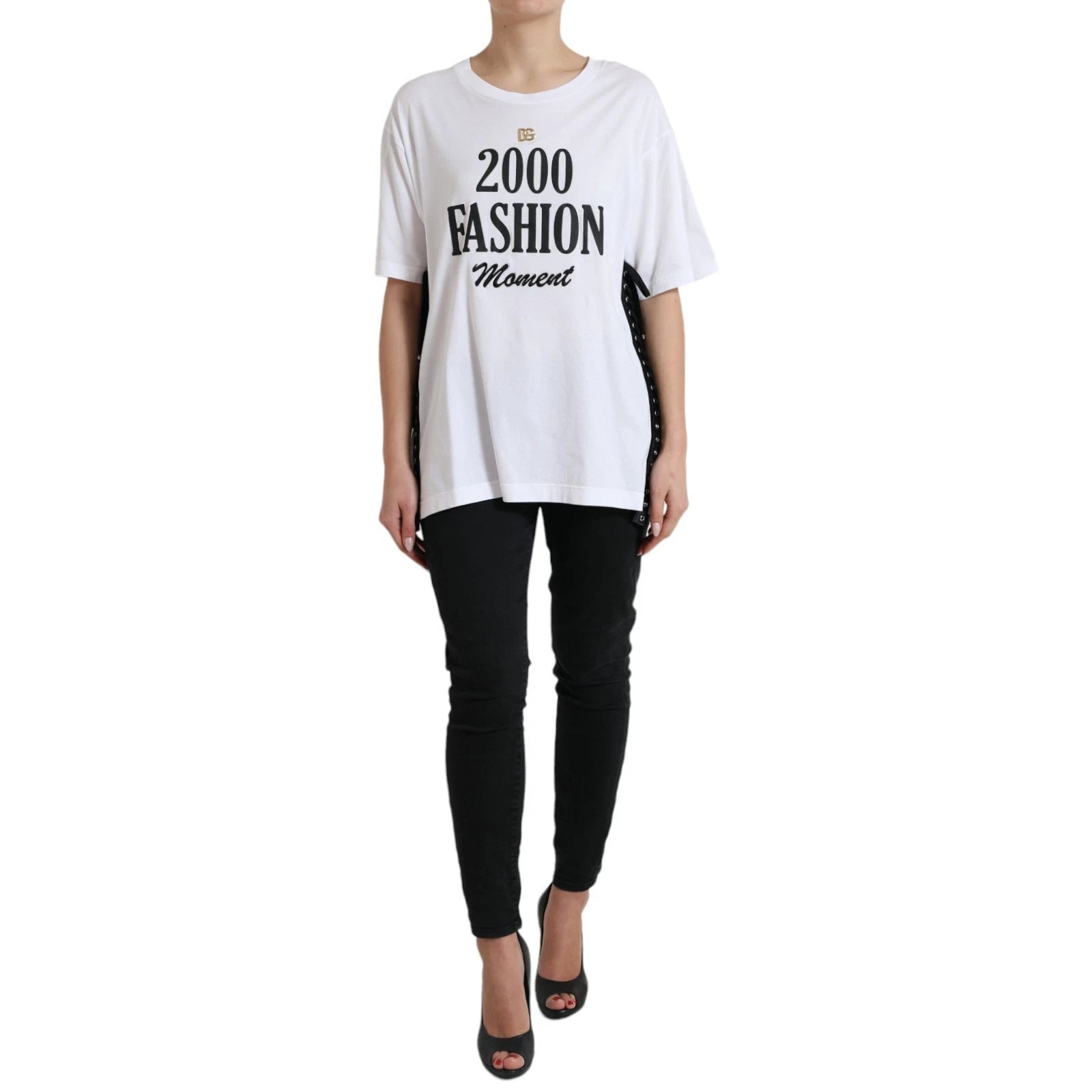 Dolce & Gabbana White Cotton 2000 Fashion Print Logo Women's T-shirt (Pre-Owned)