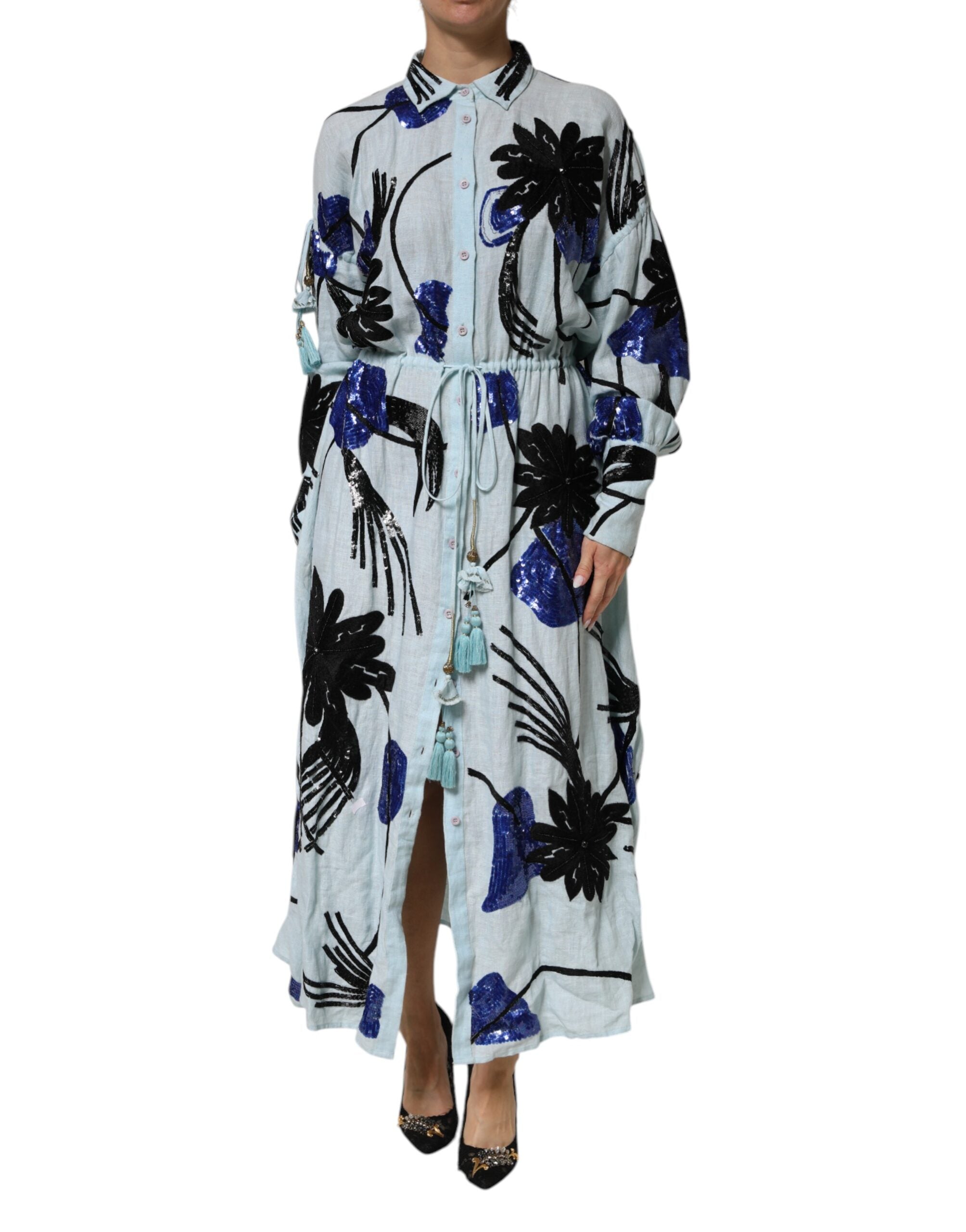 Christian Pellizzari Blue Sequin Embellished Shirt Maxi Women's Dress (Pre-Owned)