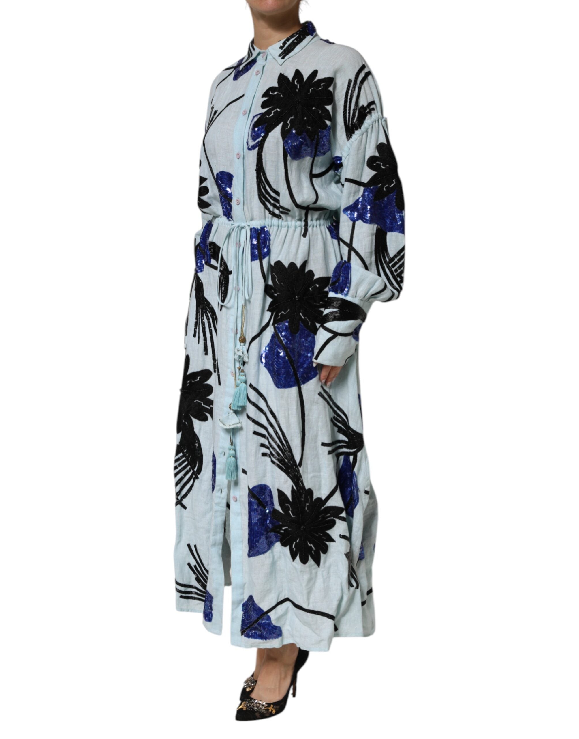 Christian Pellizzari Blue Sequin Embellished Shirt Maxi Women's Dress (Pre-Owned)