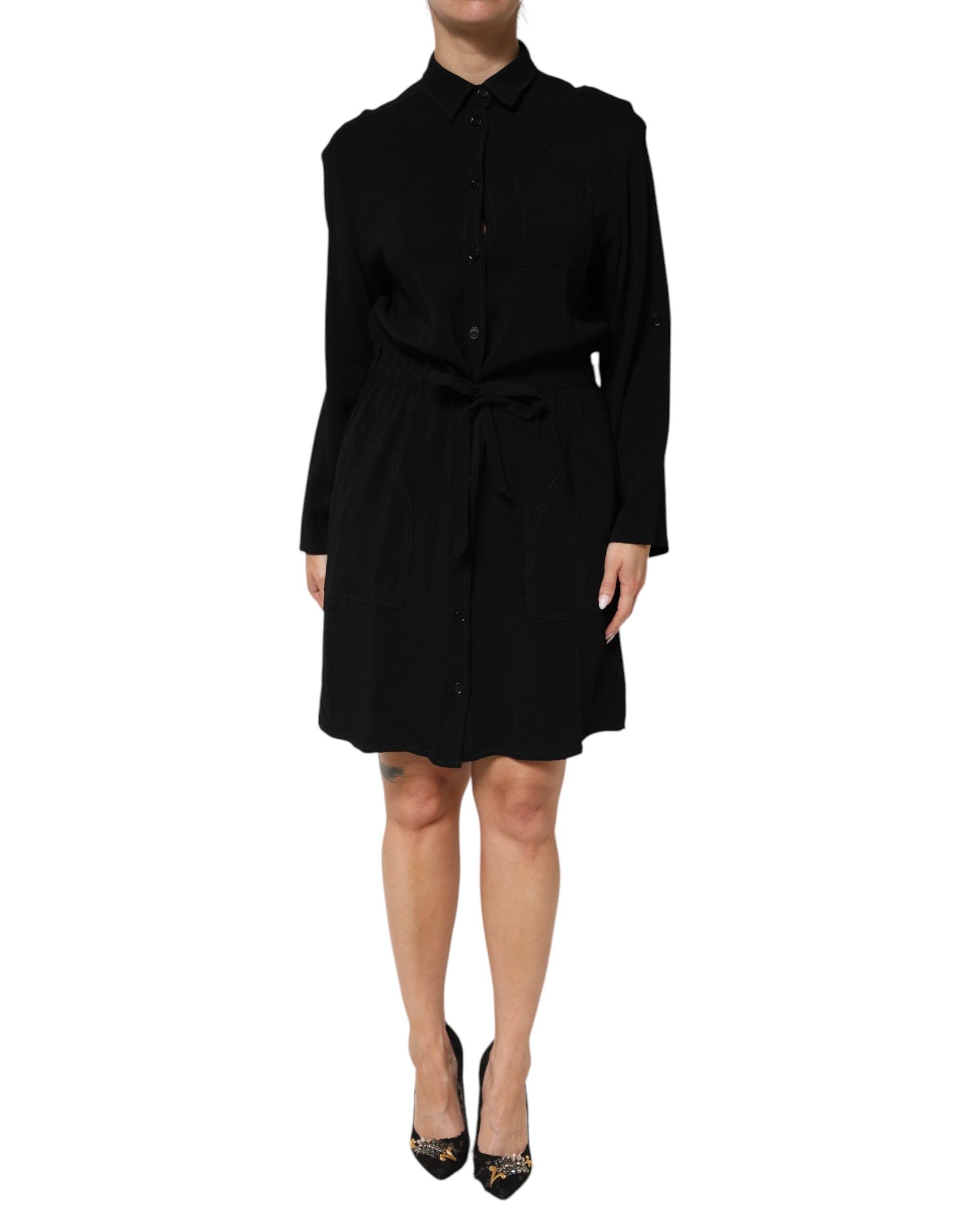 Emporio Armani Black Viscose Blend Shirt Style Belted Women's Dress (Pre-Owned)
