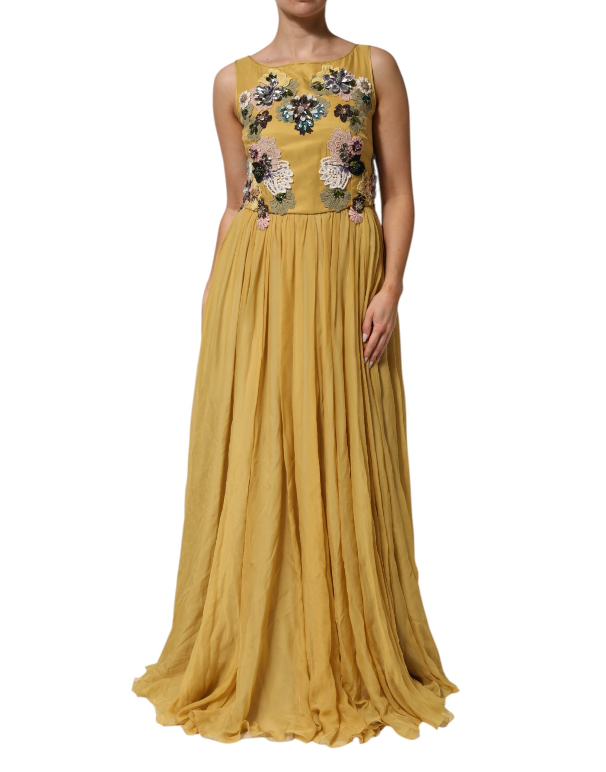Dolce & Gabbana Yellow Silk Floral Embroidered Maxi Women's Dress
