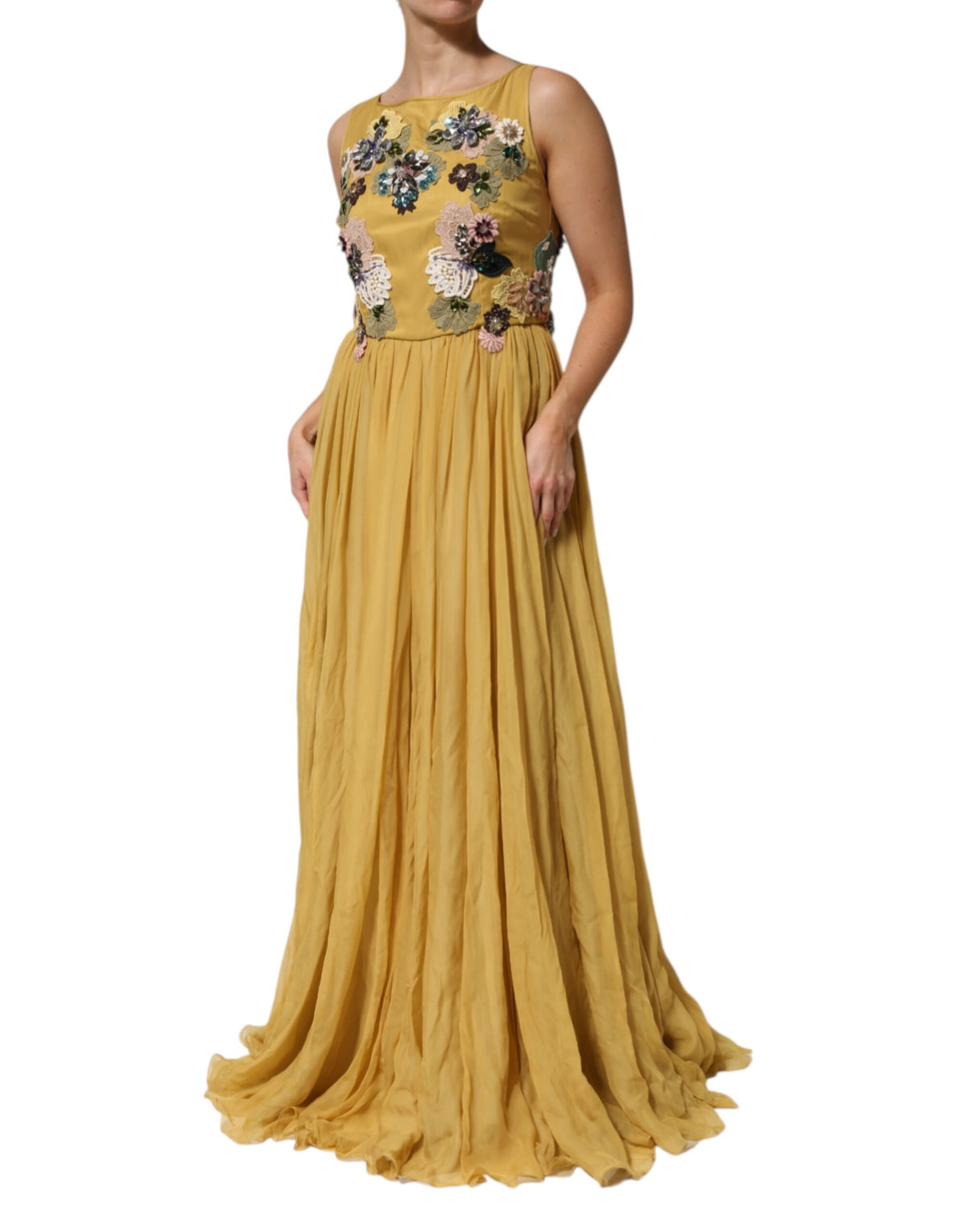 Dolce & Gabbana Yellow Silk Floral Embroidered Maxi Women's Dress