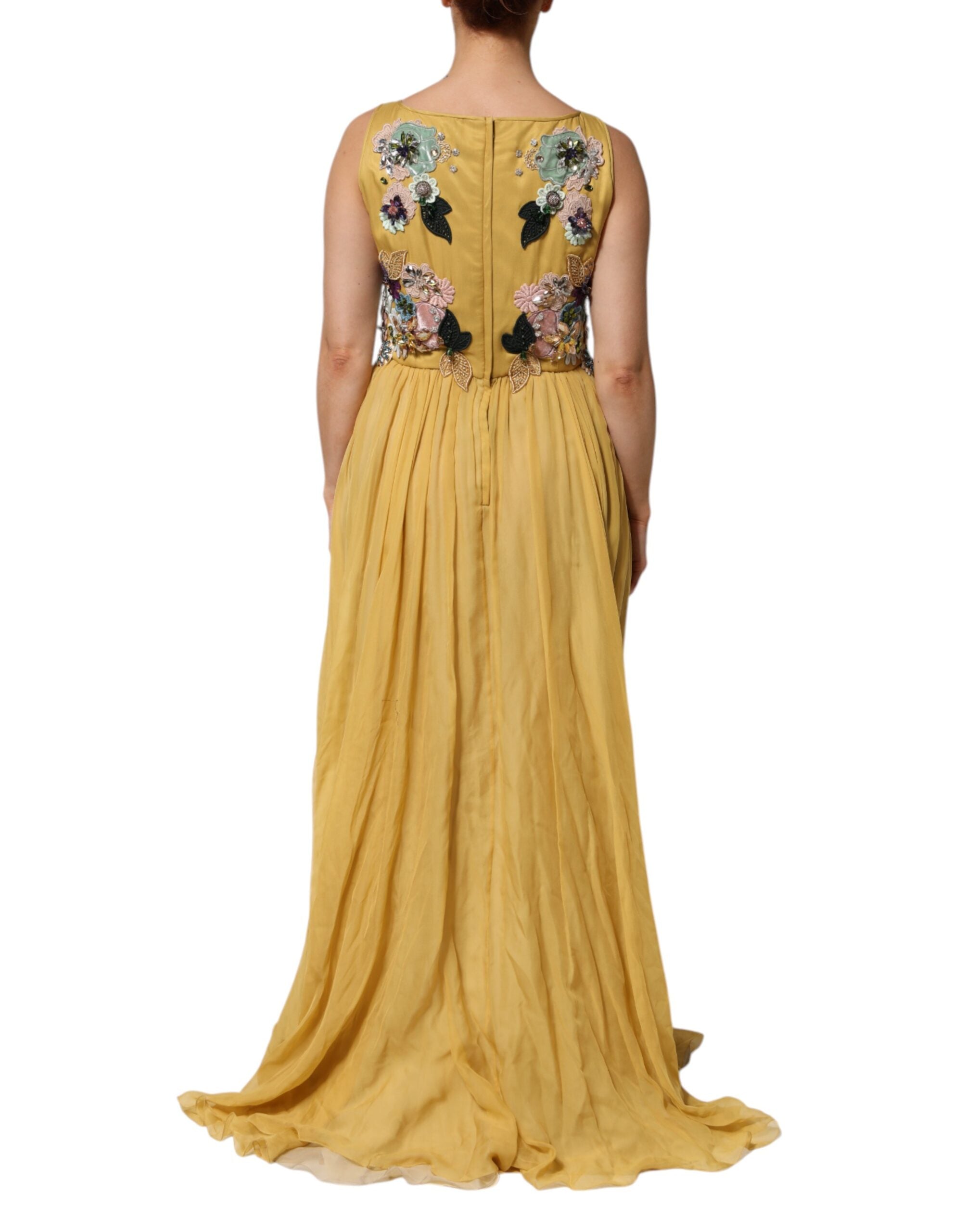 Dolce & Gabbana Yellow Silk Floral Embroidered Maxi Women's Dress