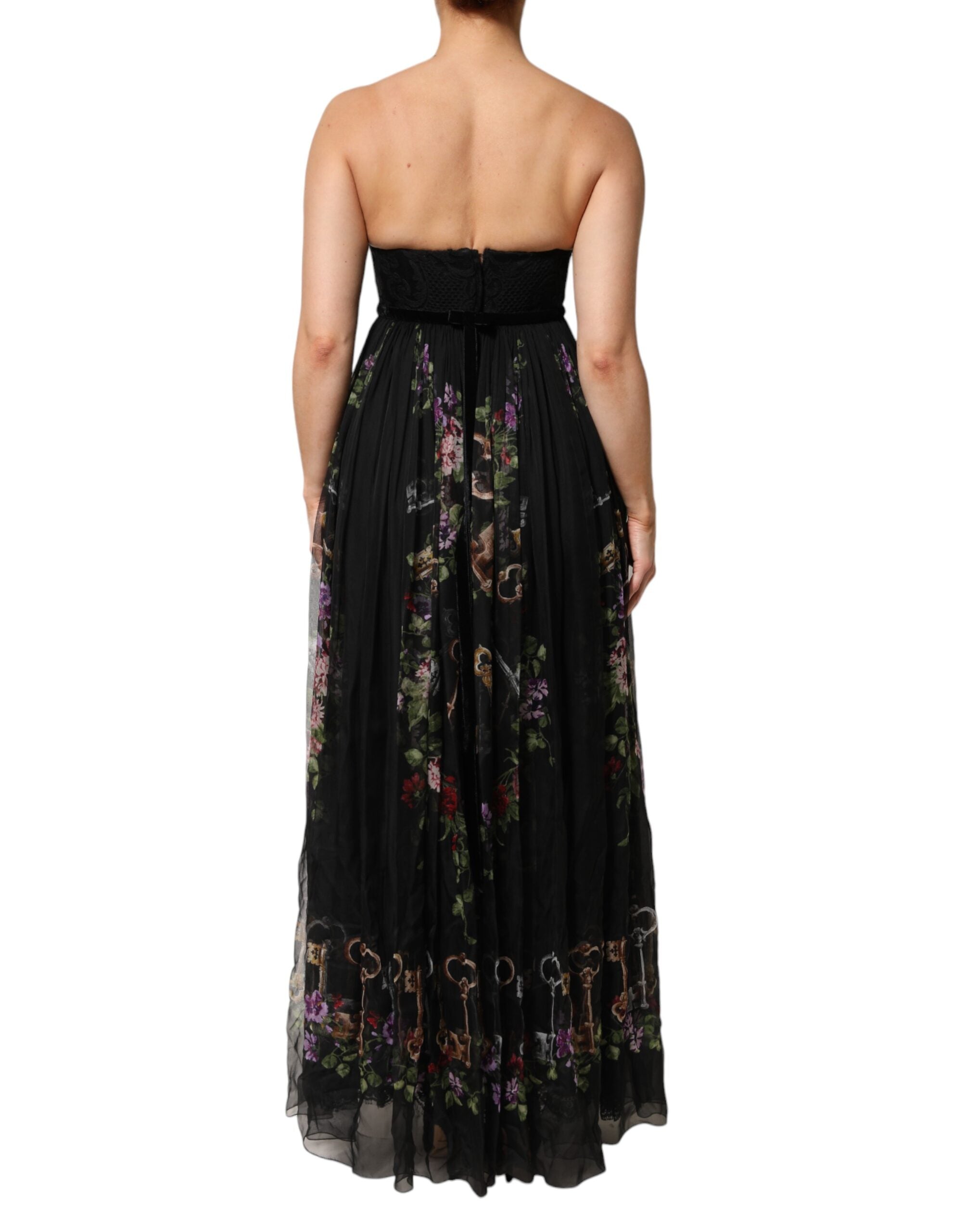 Dolce & Gabbana Black Floral Key Print Crystal Strapless Women's Dress