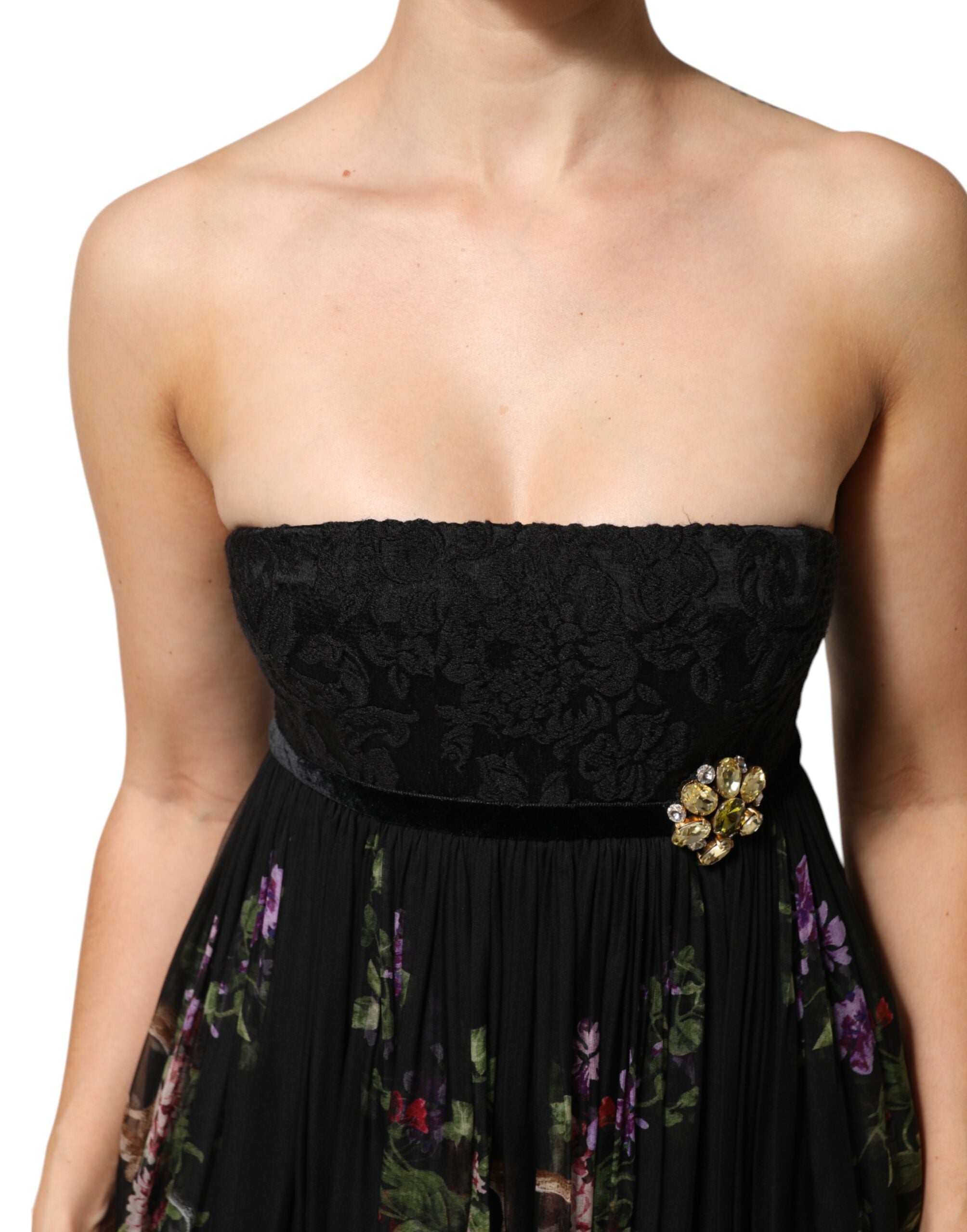 Dolce & Gabbana Black Floral Key Print Crystal Strapless Women's Dress