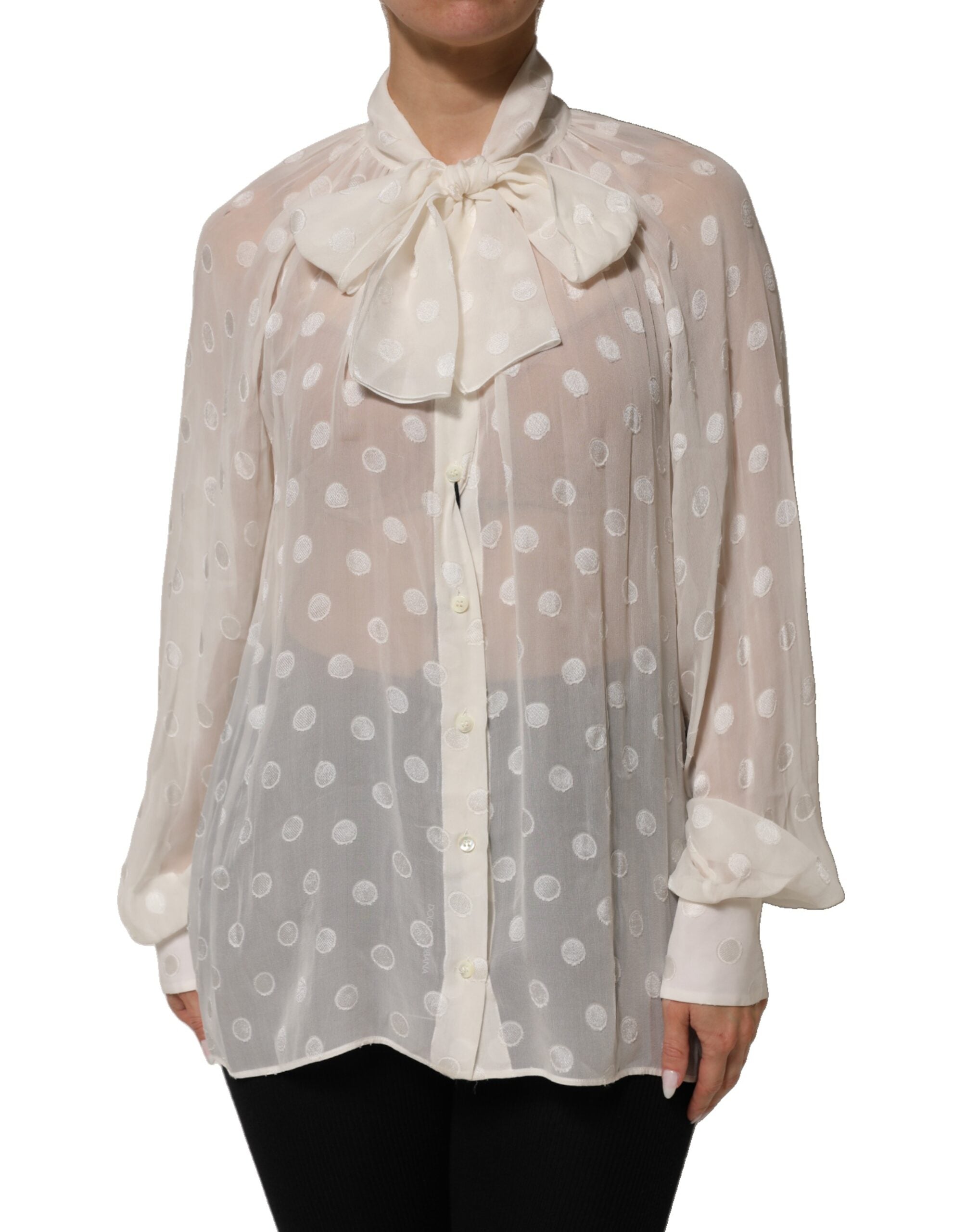 Dolce & Gabbana White Polka Sheer Silk Bow Tie Shirt Blouse Women's Top (Pre-Owned)