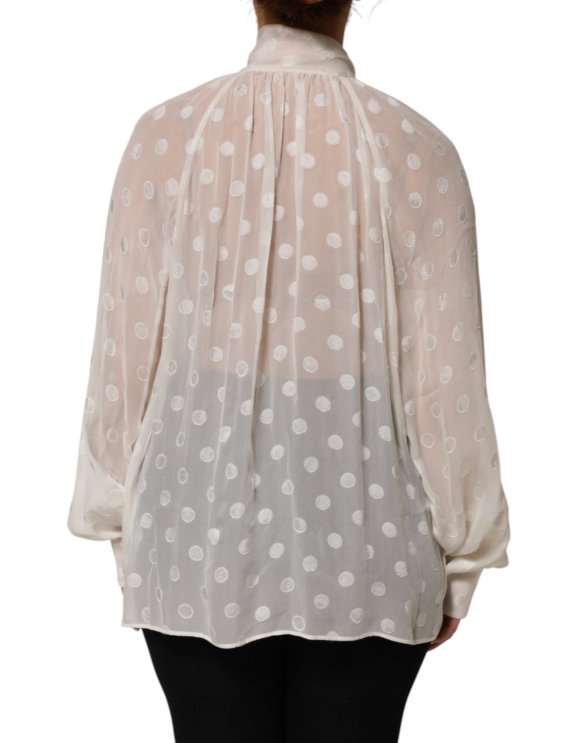 Dolce & Gabbana White Polka Sheer Silk Bow Tie Shirt Blouse Women's Top (Pre-Owned)